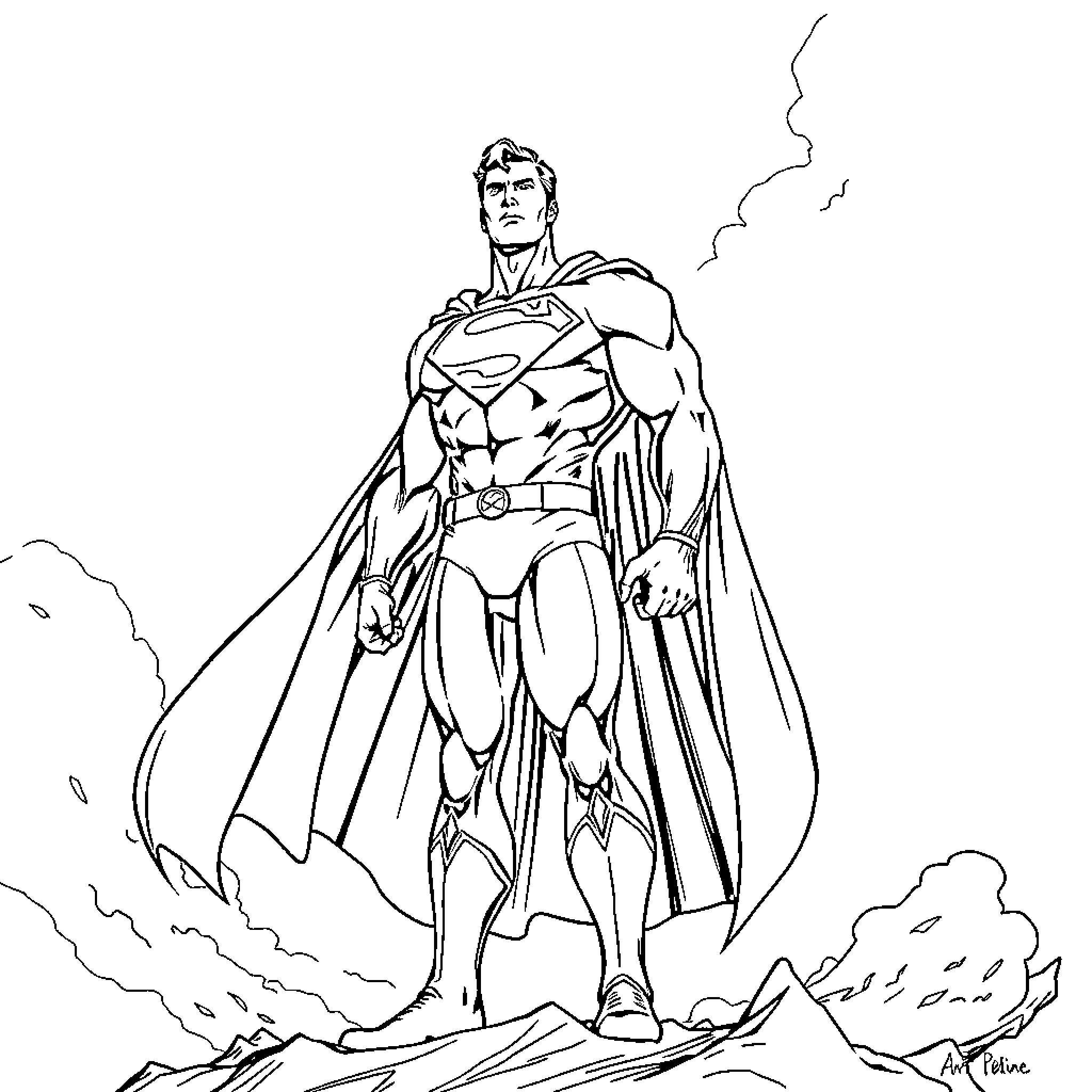 Superman heroically standing amidst the clouds Coloring Page (free black-and-white line drawing printable PDF for all, from beginners to advanced learners, including children, teens, adults, and seniors)