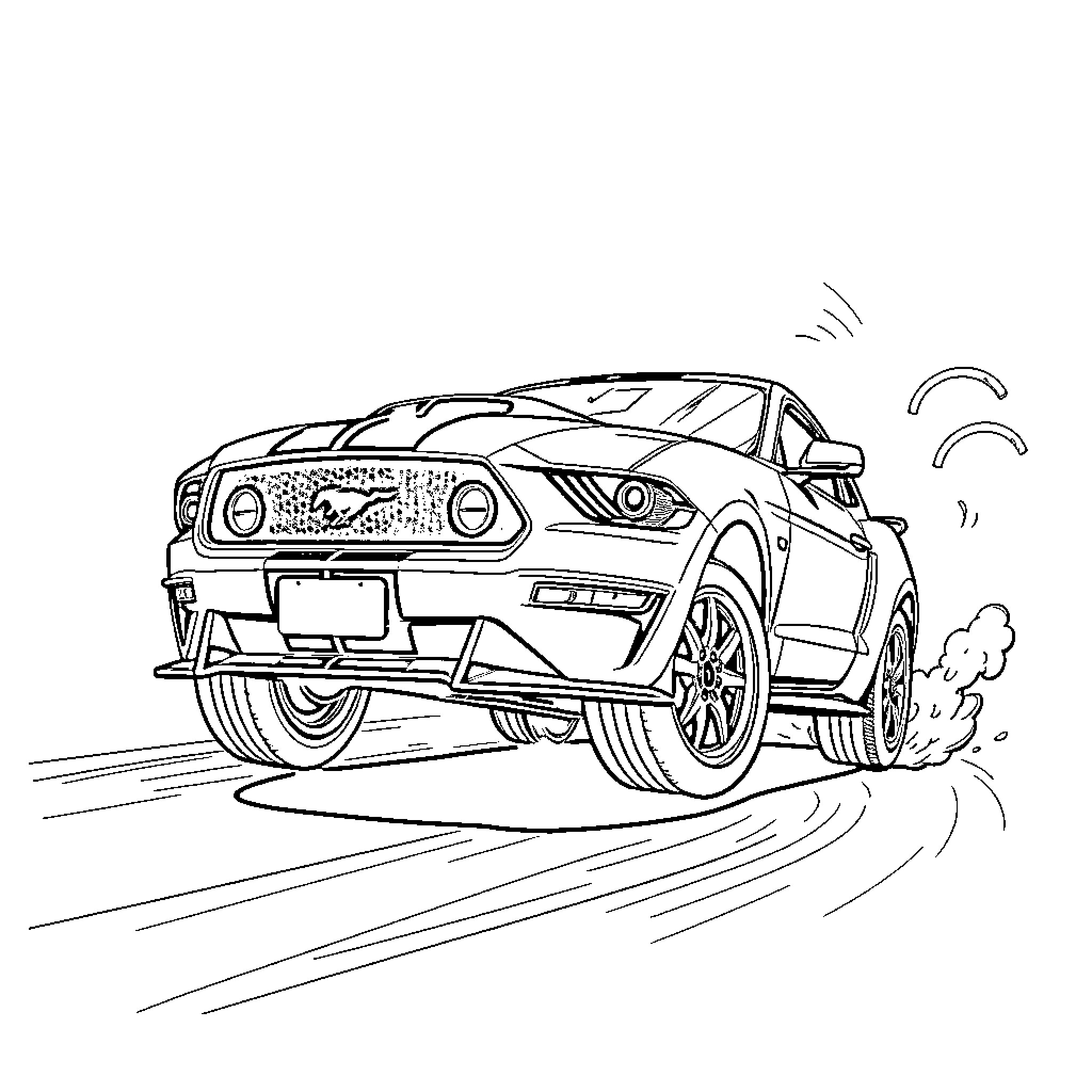 Mustang speeding down the road with motion blur Coloring Page (free black-and-white line drawing printable PDF for all, from beginners to advanced learners, including children, teens, adults, and seniors)