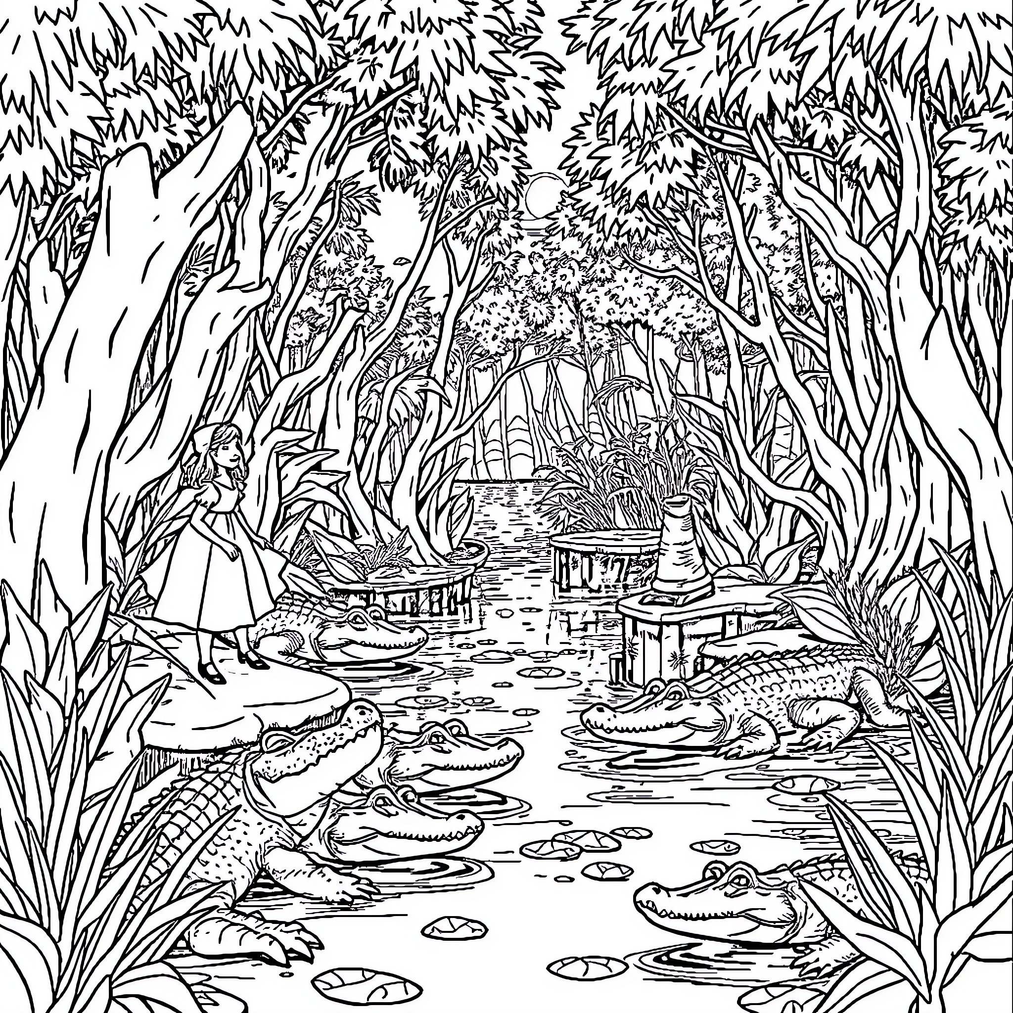 Alice's Enchanted Woodland Adventure Coloring Page (free black-and-white line drawing printable PDF for all, from beginners to advanced learners, including children, teens, adults, and seniors)