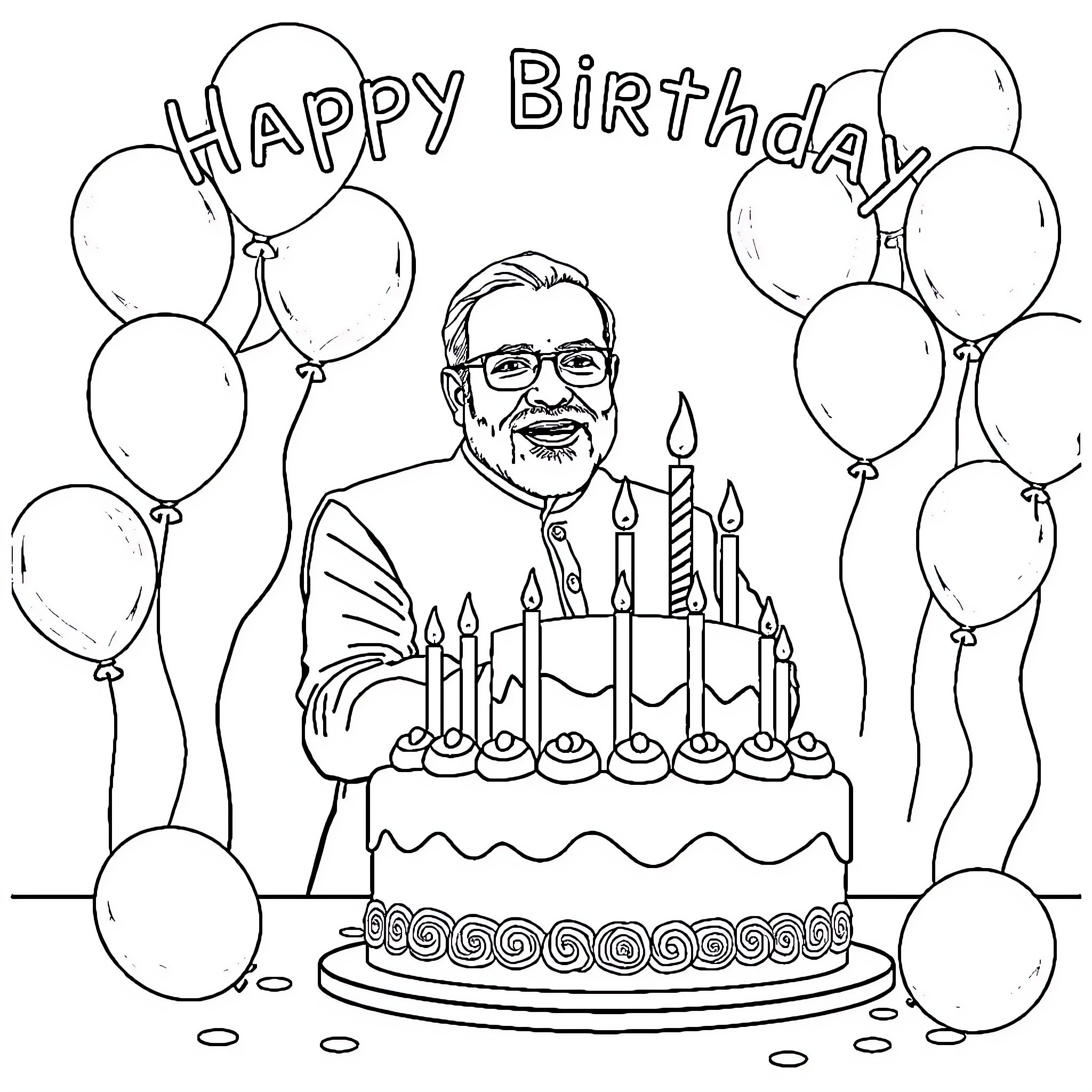 Modi celebrating birthday with cake and balloons Coloring Page (free black-and-white line drawing printable PDF for all, from beginners to advanced learners, including children, teens, adults, and seniors)