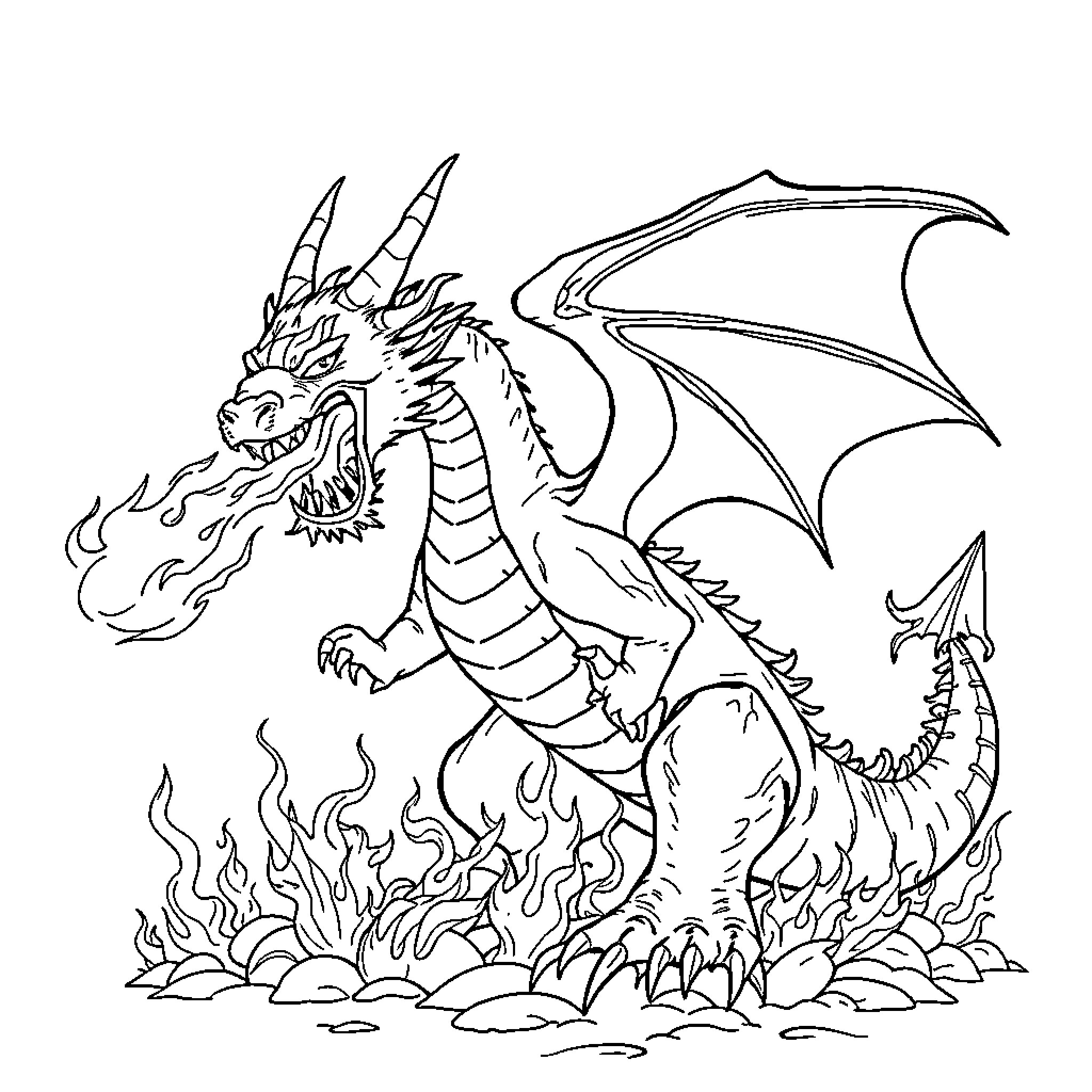 Dragon Breathing Flames in a Fiery Landscape Coloring Page (free black-and-white line drawing printable PDF for all, from beginners to advanced learners, including children, teens, adults, and seniors)