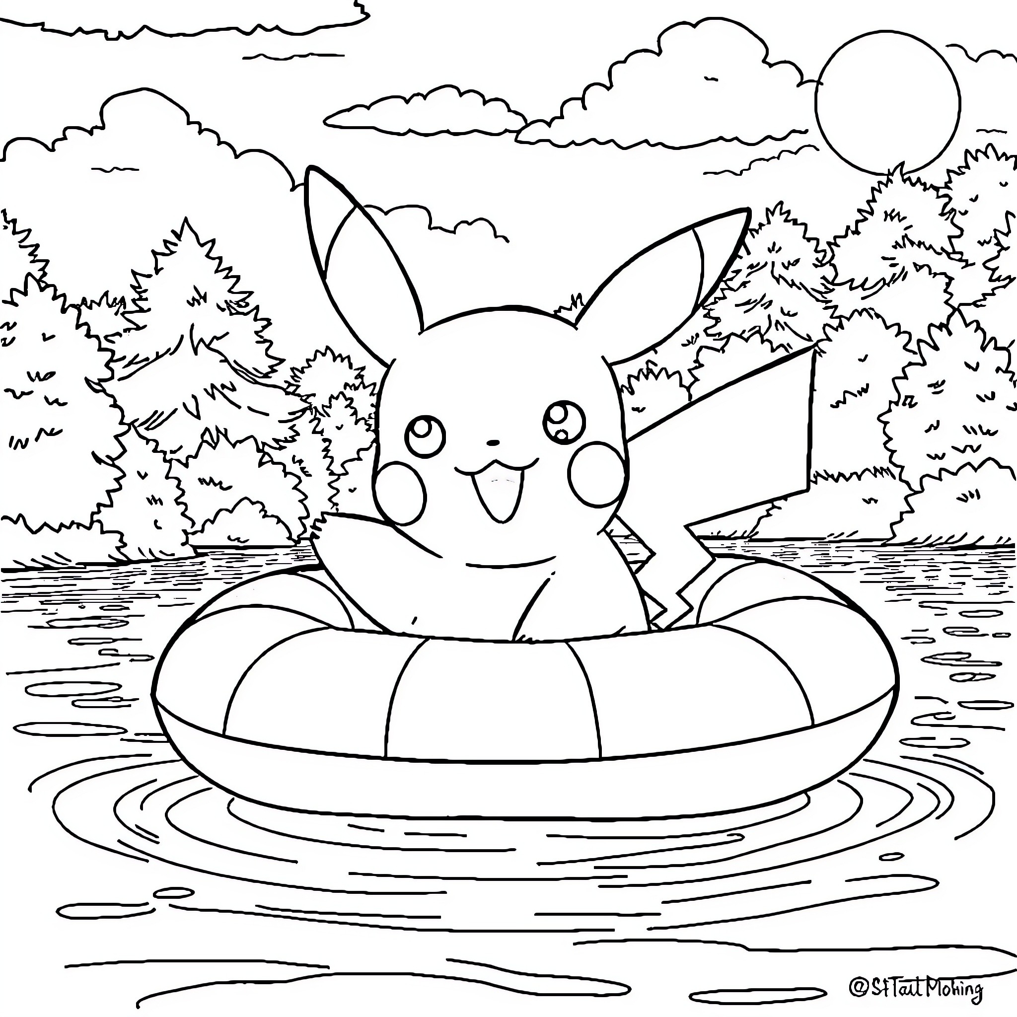 Pikachu relaxing on an inner tube in the lake Coloring Page (free black-and-white line drawing printable PDF for all, from beginners to advanced learners, including children, teens, adults, and seniors)