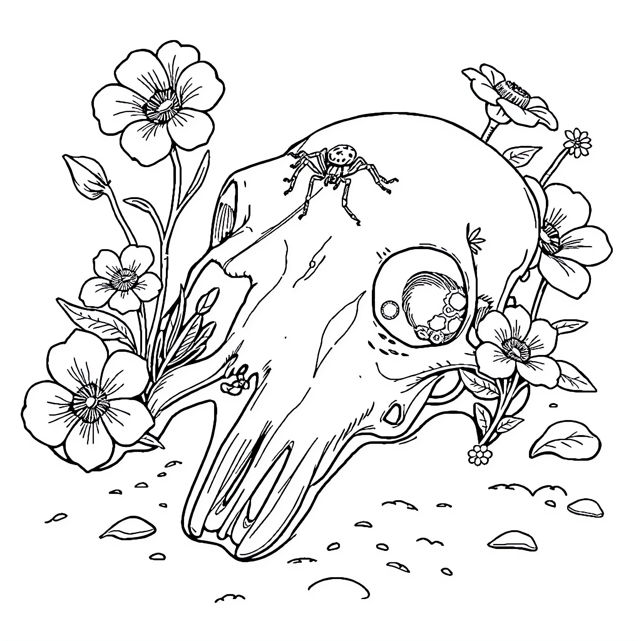 Skull surrounded by whimsical flora and fauna Coloring Page (free black-and-white line drawing printable PDF for all, from beginners to advanced learners, including children, teens, adults, and seniors)