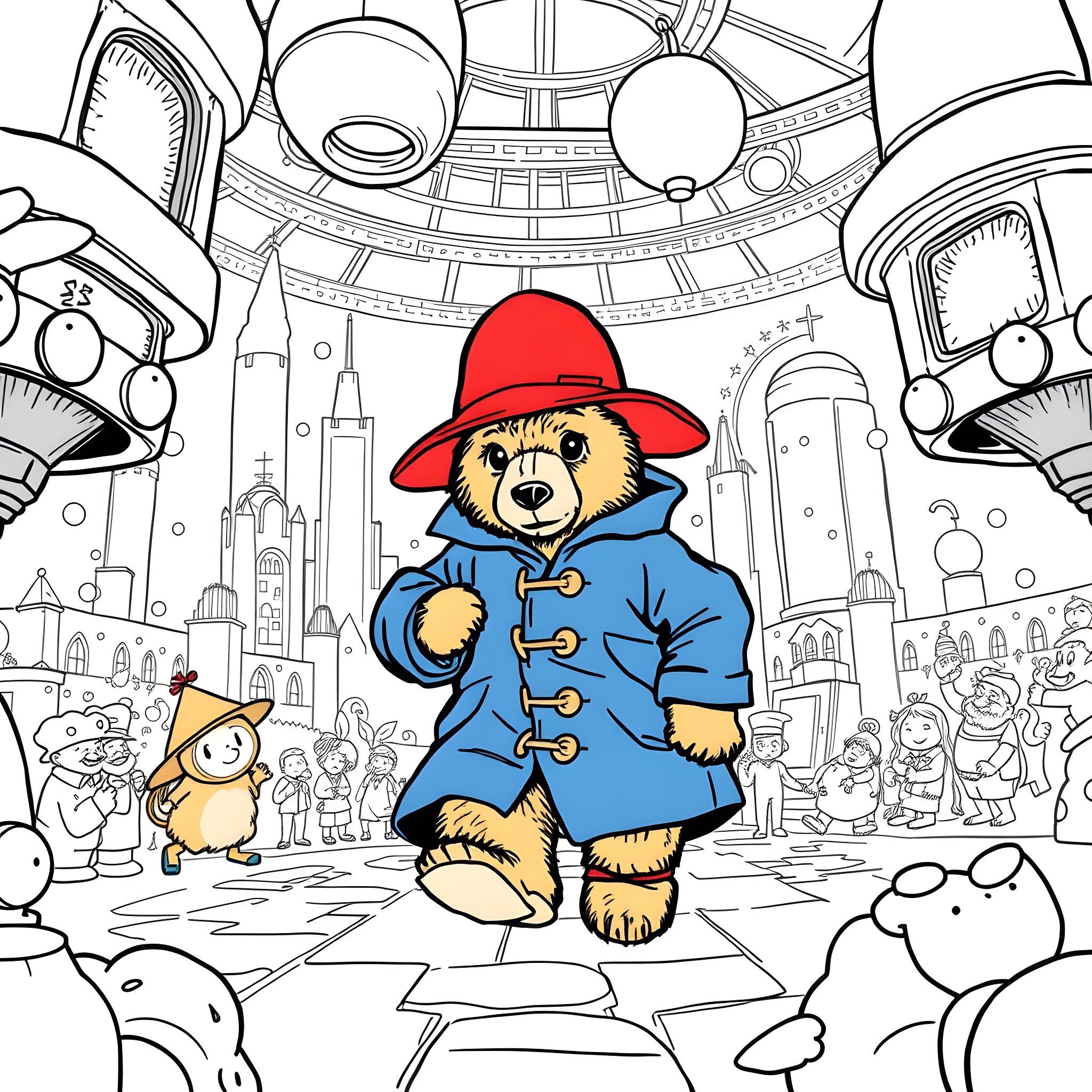 Paddington Bear in a Whimsical City Scene Coloring Page (free black-and-white line drawing printable PDF for all, from beginners to advanced learners, including children, teens, adults, and seniors)