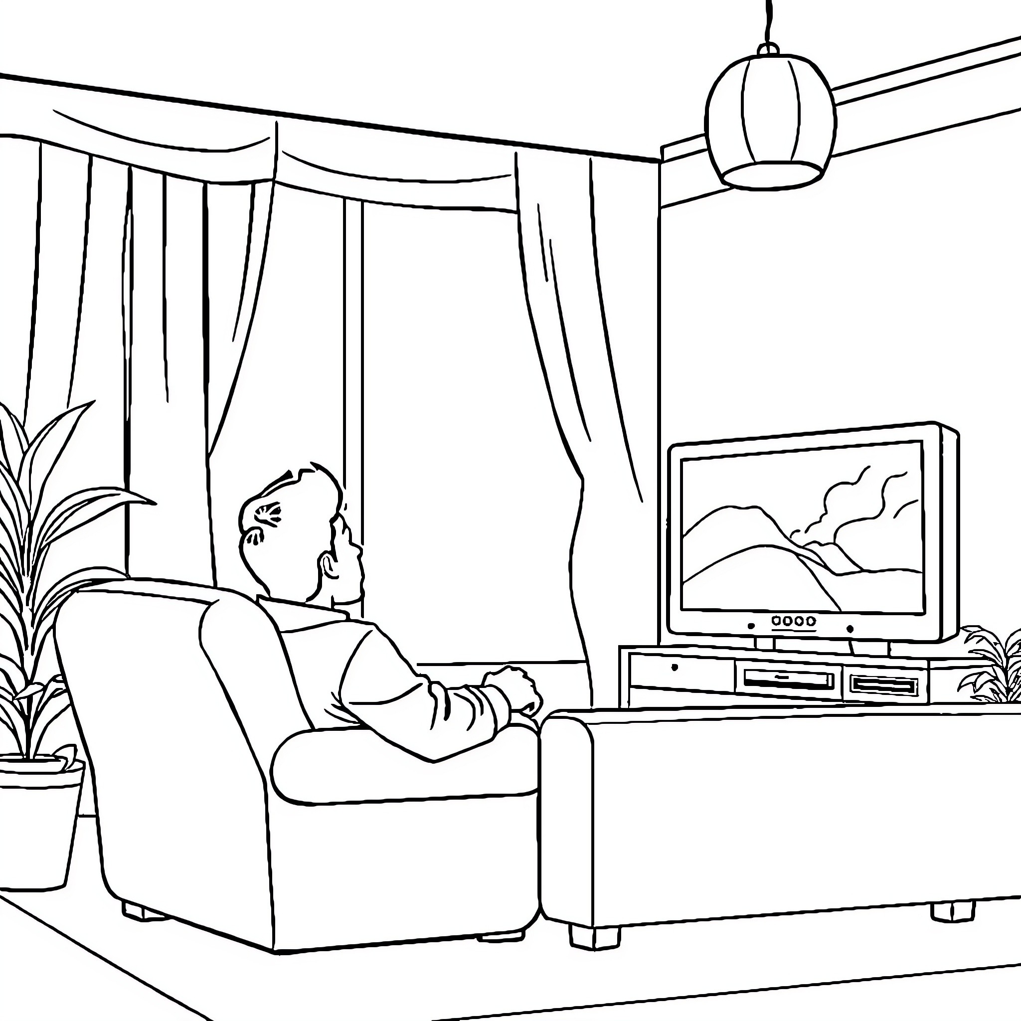Person relaxing while watching TV in a cozy living room Coloring Page (free black-and-white line drawing printable PDF for all, from beginners to advanced learners, including children, teens, adults, and seniors)
