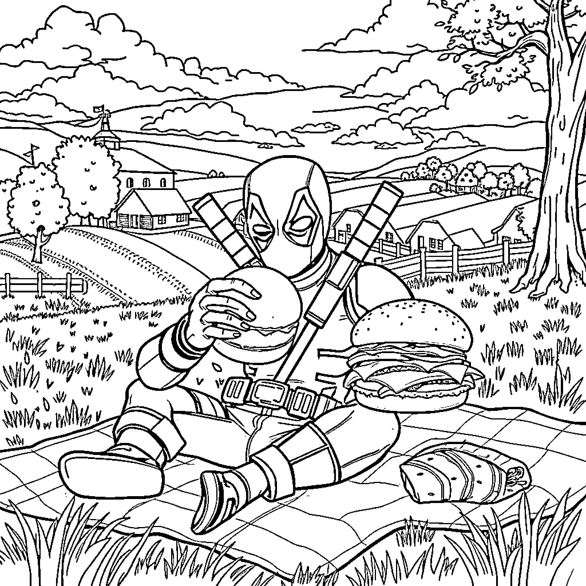 Deadpool Enjoying a Hearty Meal in the Countryside Coloring Page (free black-and-white line drawing printable PDF for all, from beginners to advanced learners, including children, teens, adults, and seniors)