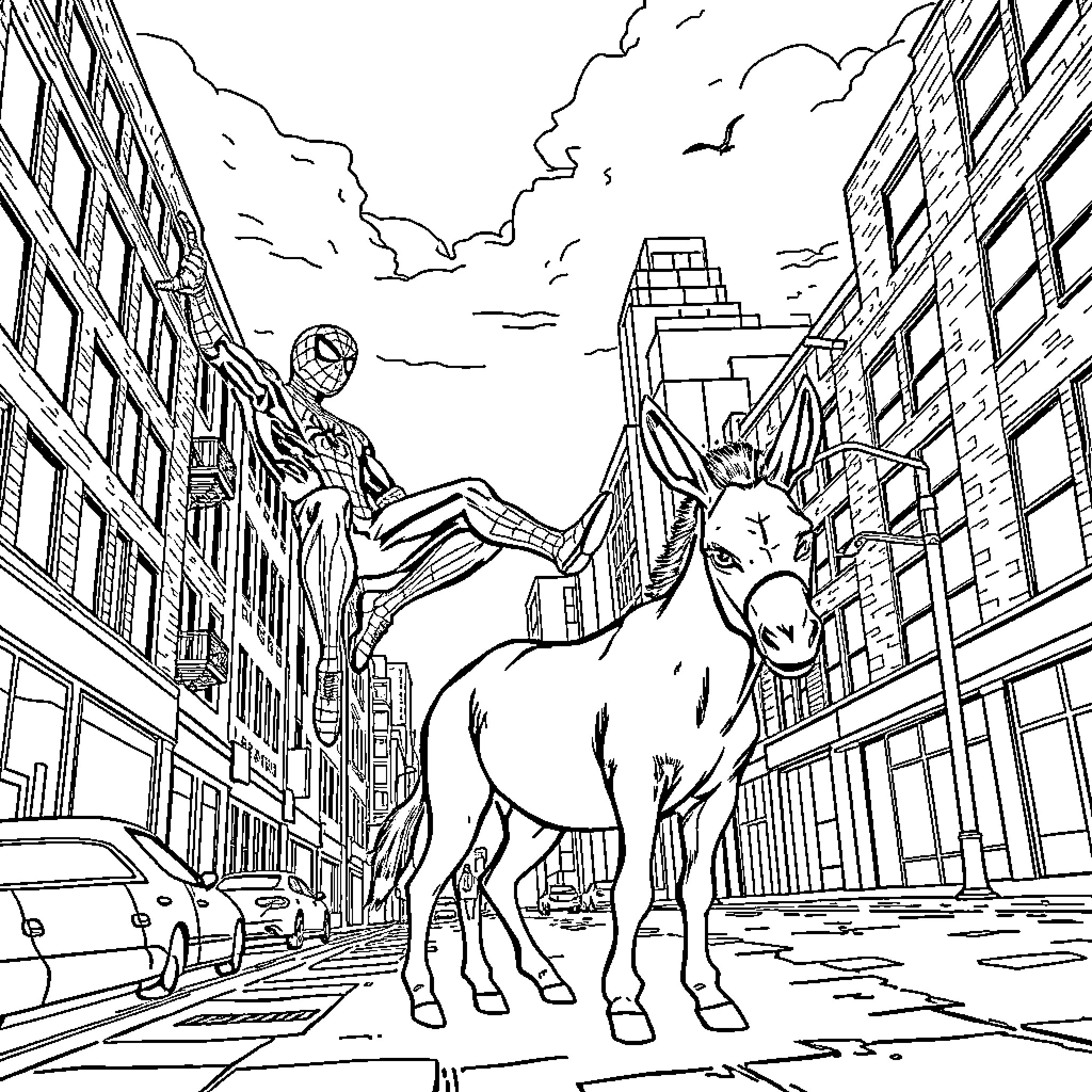 Spiderman riding a unicorn through the city Coloring Page (free black-and-white line drawing printable PDF for all, from beginners to advanced learners, including children, teens, adults, and seniors)