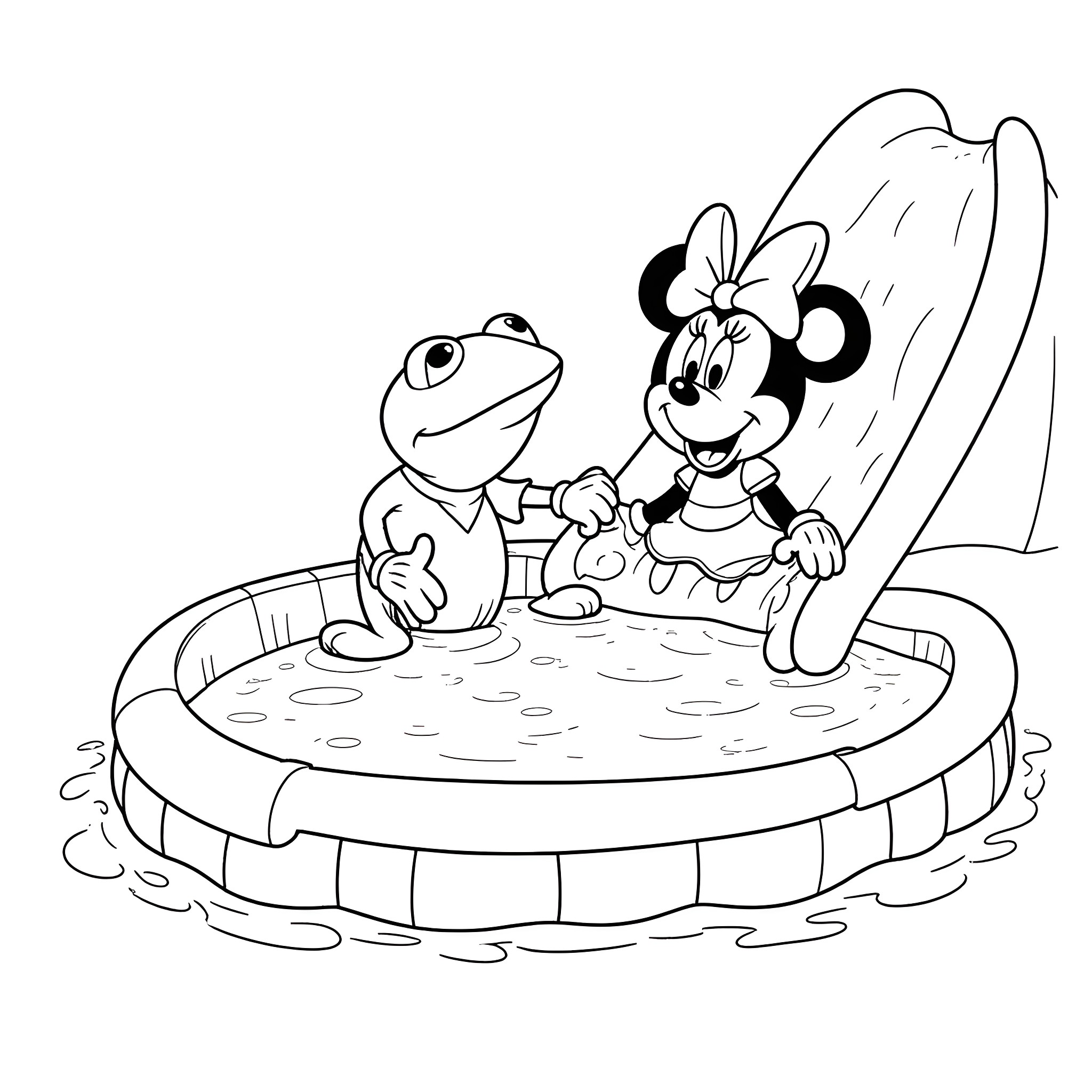 Kermit and Minnie Mouse in the Pool Coloring Page (free black-and-white line drawing printable PDF for all, from beginners to advanced learners, including children, teens, adults, and seniors)