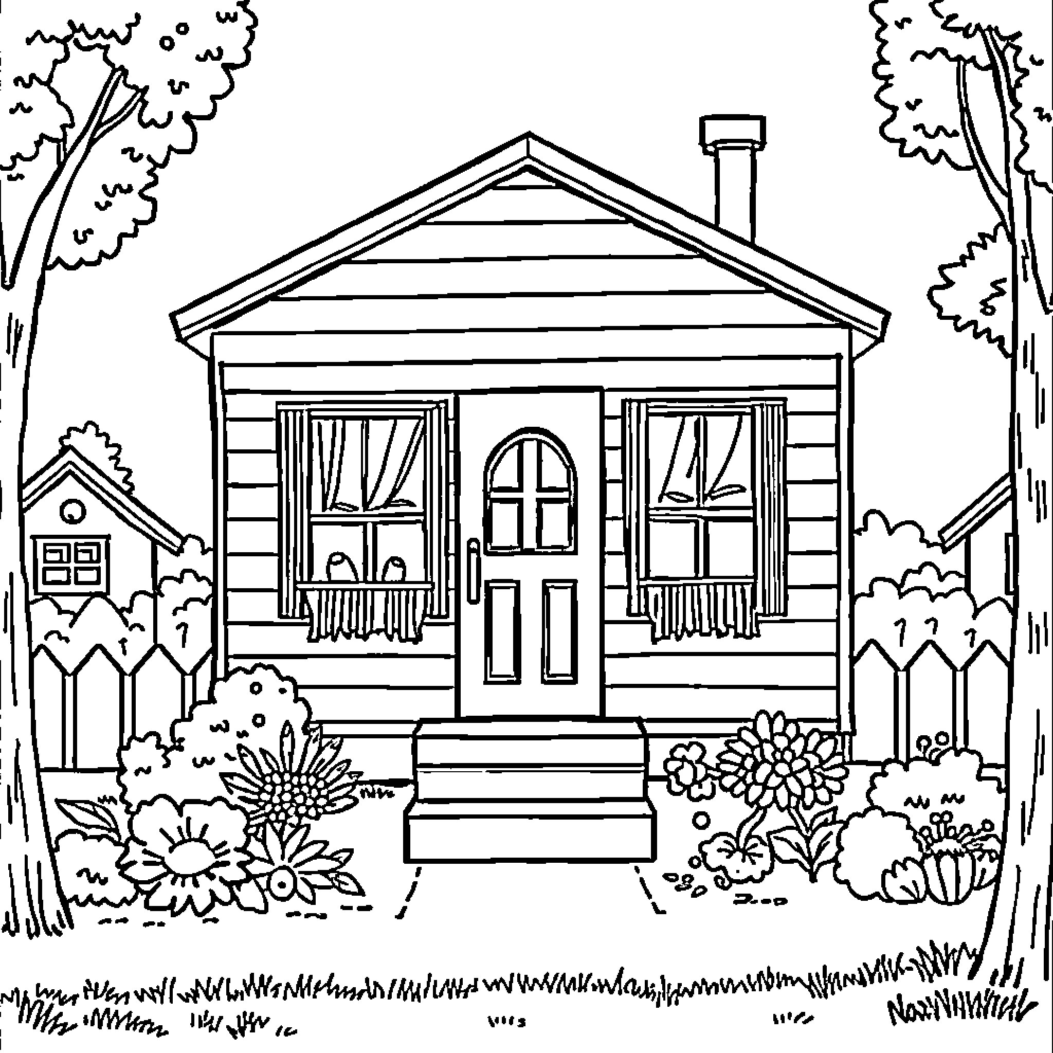 Mobile Home with Cozy Porch and Flowers Coloring Page (free black-and-white line drawing printable PDF for all, from beginners to advanced learners, including children, teens, adults, and seniors)