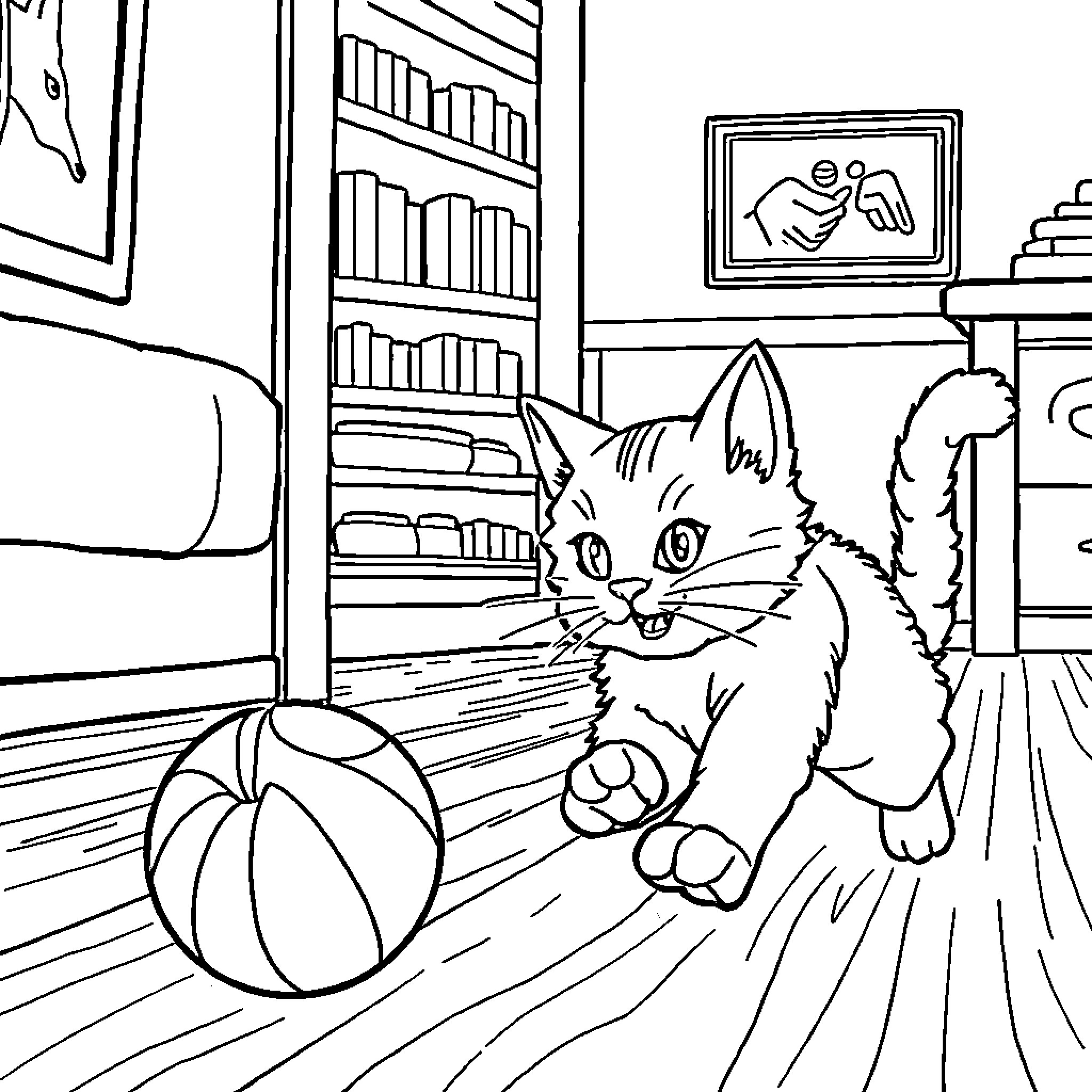 Cat playing with toy ball in a cozy room Coloring Page (free black-and-white line drawing printable PDF for all, from beginners to advanced learners, including children, teens, adults, and seniors)