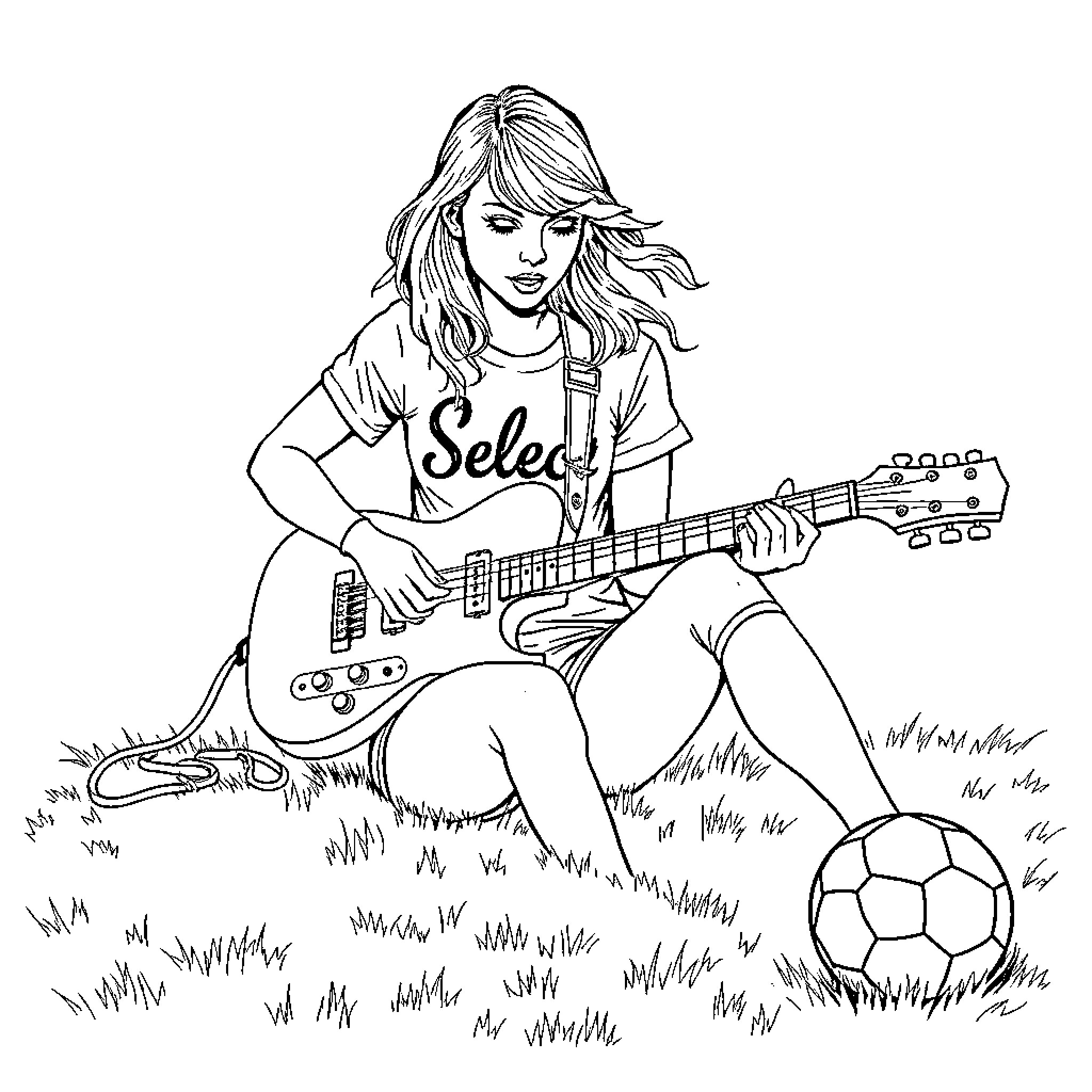 Taylor Swift playing guitar outdoors on the grass Coloring Page (free black-and-white line drawing printable PDF for all, from beginners to advanced learners, including children, teens, adults, and seniors)
