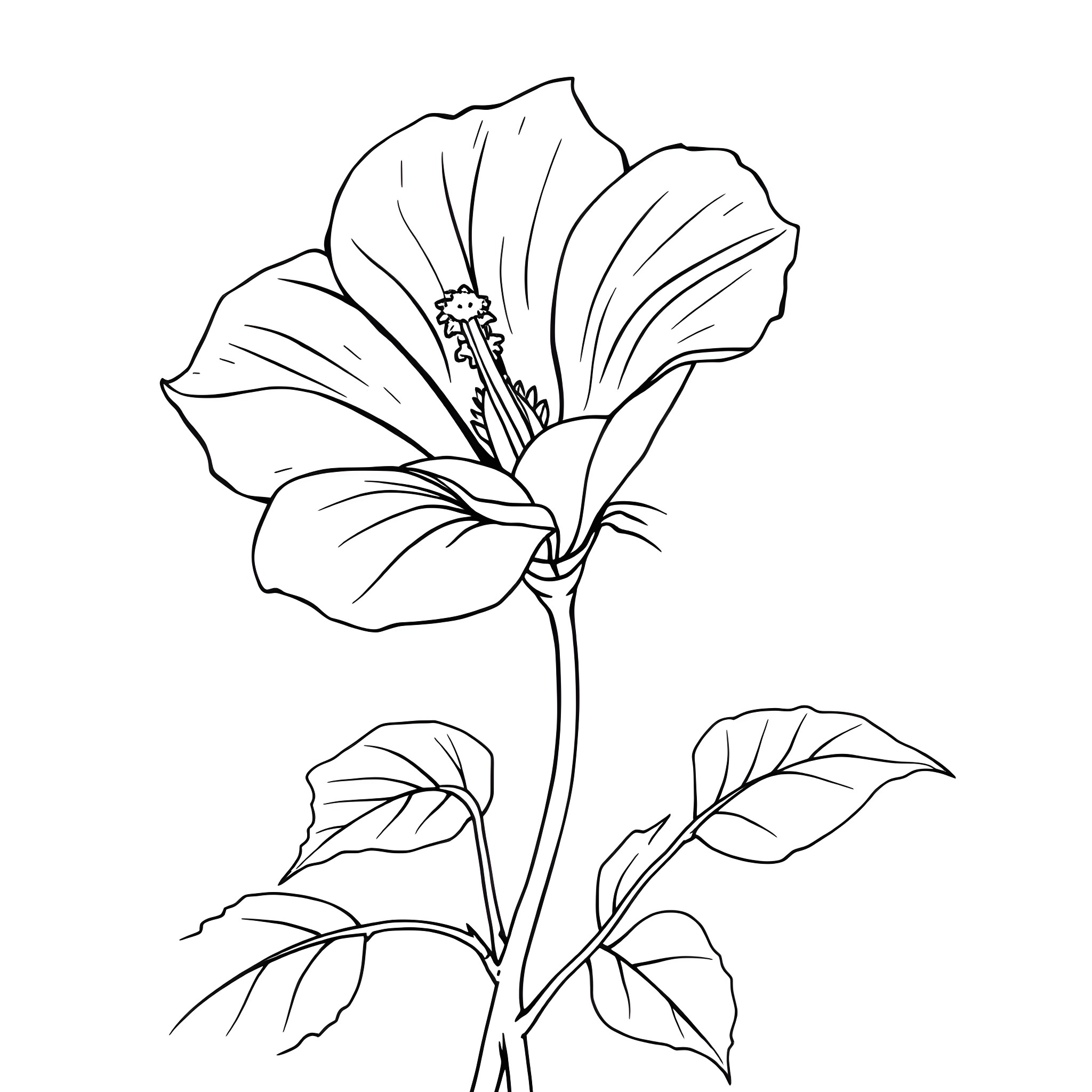 Ipomoea Purpurea flower with leaves Coloring Page (free black-and-white line drawing printable PDF for all, from beginners to advanced learners, including children, teens, adults, and seniors)