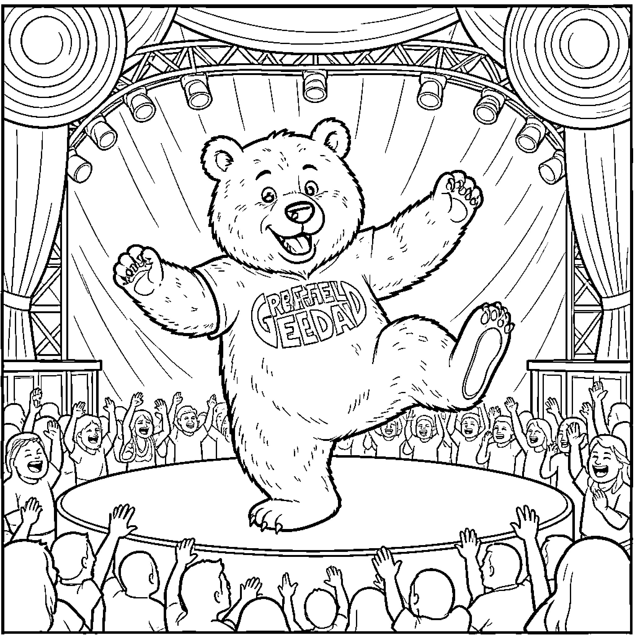 Bear performing on stage before a cheering audience Coloring Page (free black-and-white line drawing printable PDF for all, from beginners to advanced learners, including children, teens, adults, and seniors)