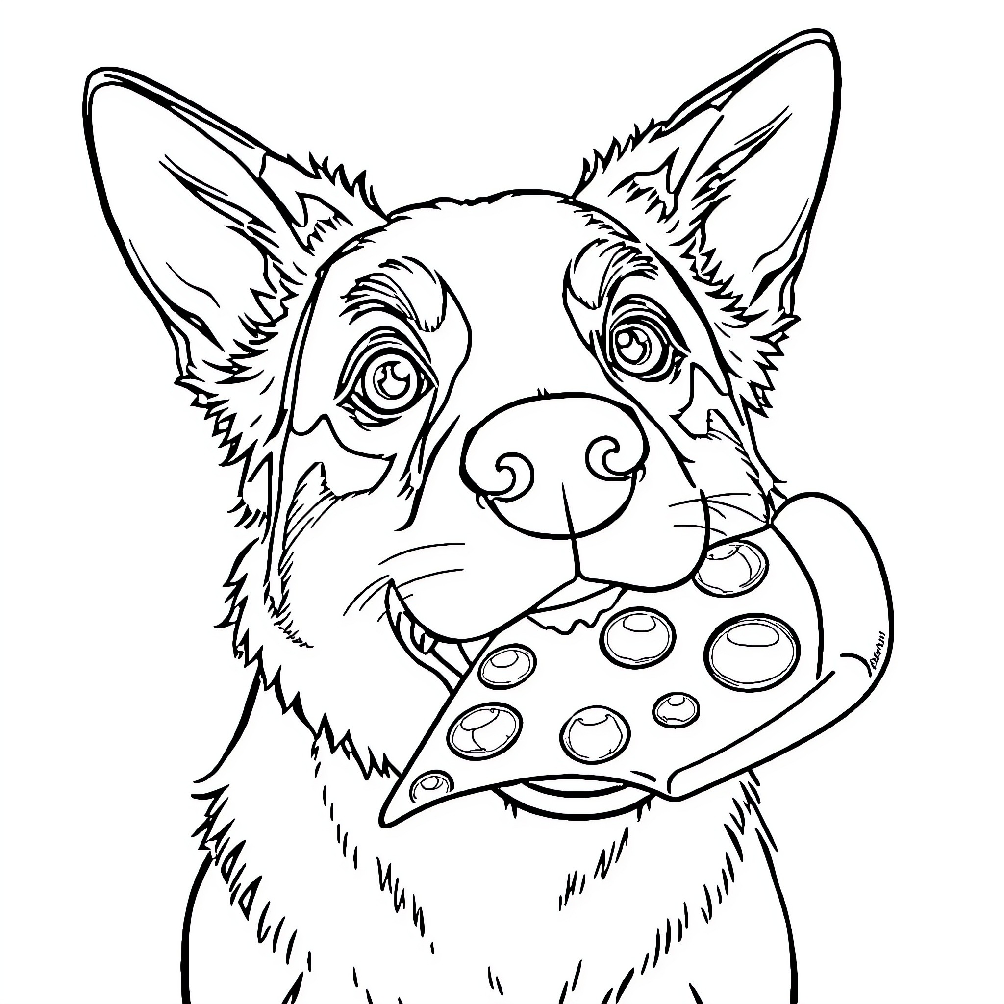 Australian Cattle Dog playing with toys Coloring Page (free black-and-white line drawing printable PDF for all, from beginners to advanced learners, including children, teens, adults, and seniors)