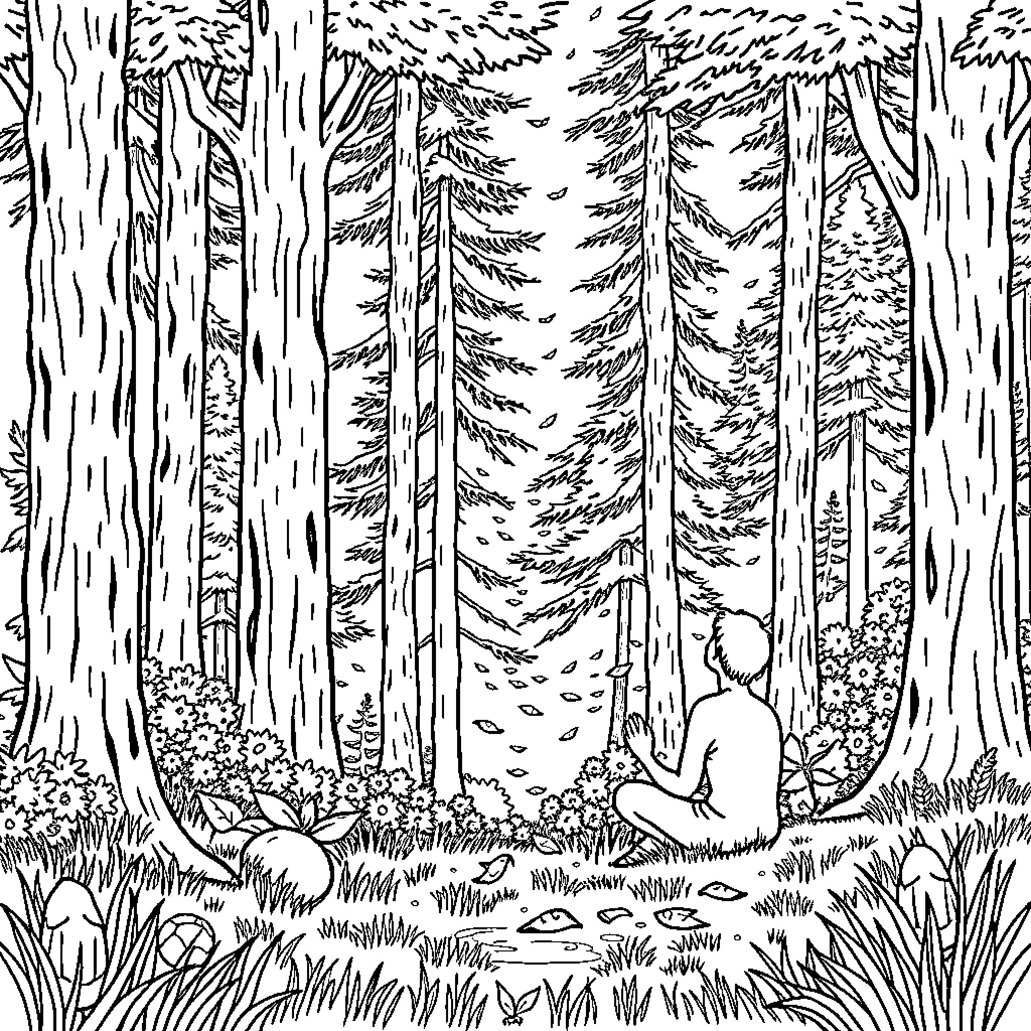 Nature meditation in the serene forest Coloring Page (free black-and-white line drawing printable PDF for all, from beginners to advanced learners, including children, teens, adults, and seniors)