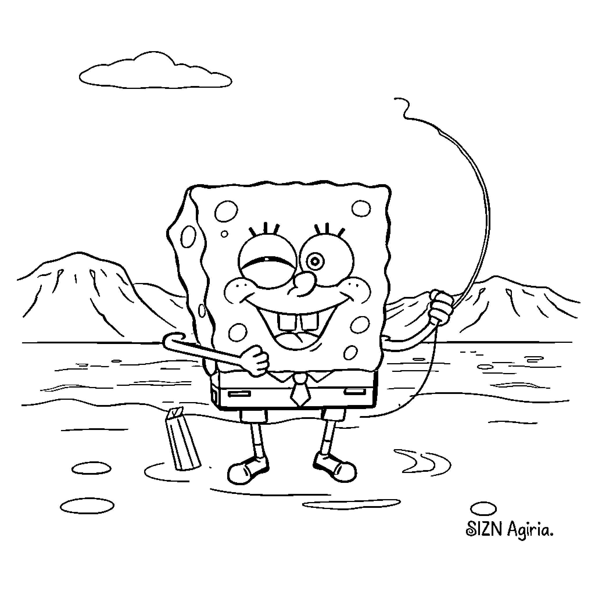 Spongebob having a jolly time on the beach Coloring Page (free black-and-white line drawing printable PDF for all, from beginners to advanced learners, including children, teens, adults, and seniors)