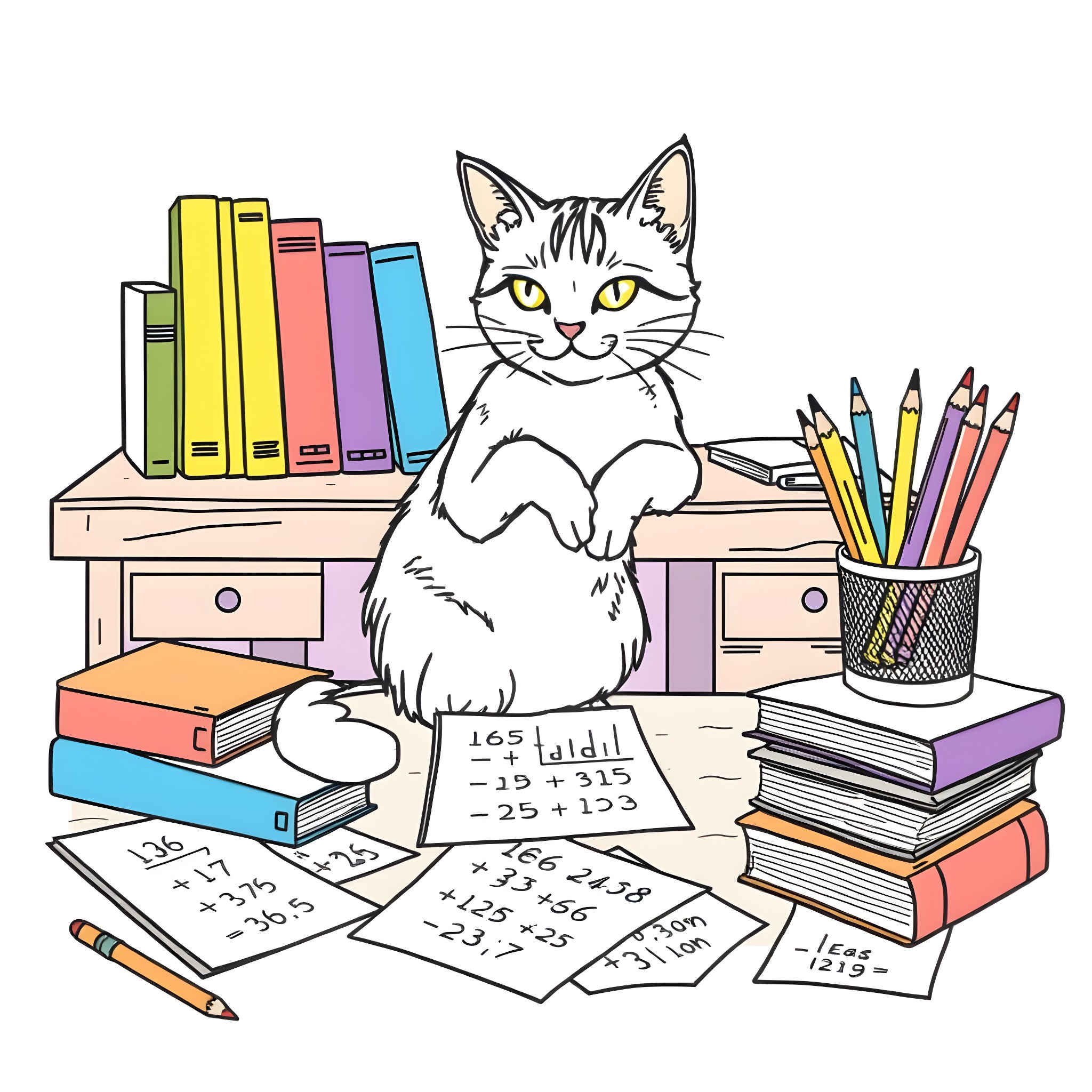 Cat sitting on desk surrounded by school supplies Coloring Page (free black-and-white line drawing printable PDF for all, from beginners to advanced learners, including children, teens, adults, and seniors)