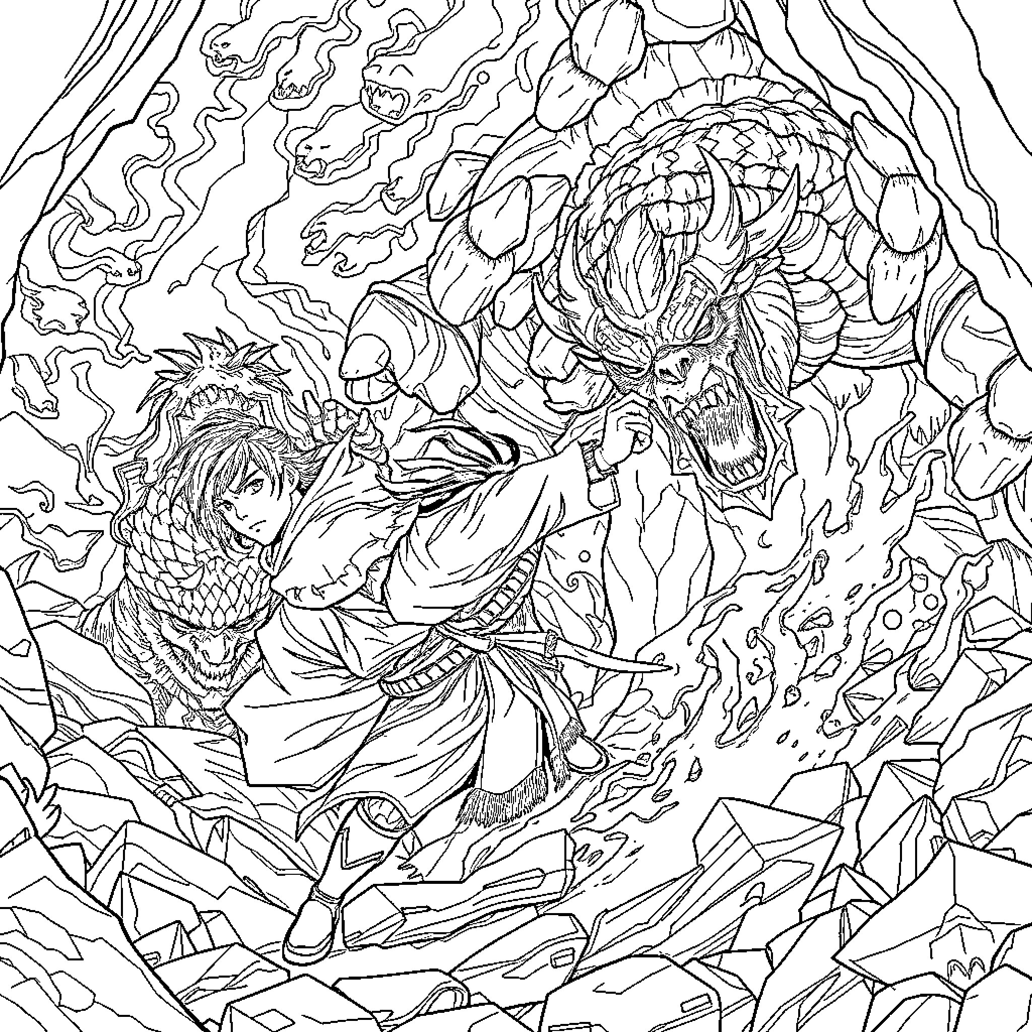 Solo Leveling - Fierce Battle Against a Monstrous Foe Coloring Page (free black-and-white line drawing printable PDF for all, from beginners to advanced learners, including children, teens, adults, and seniors)