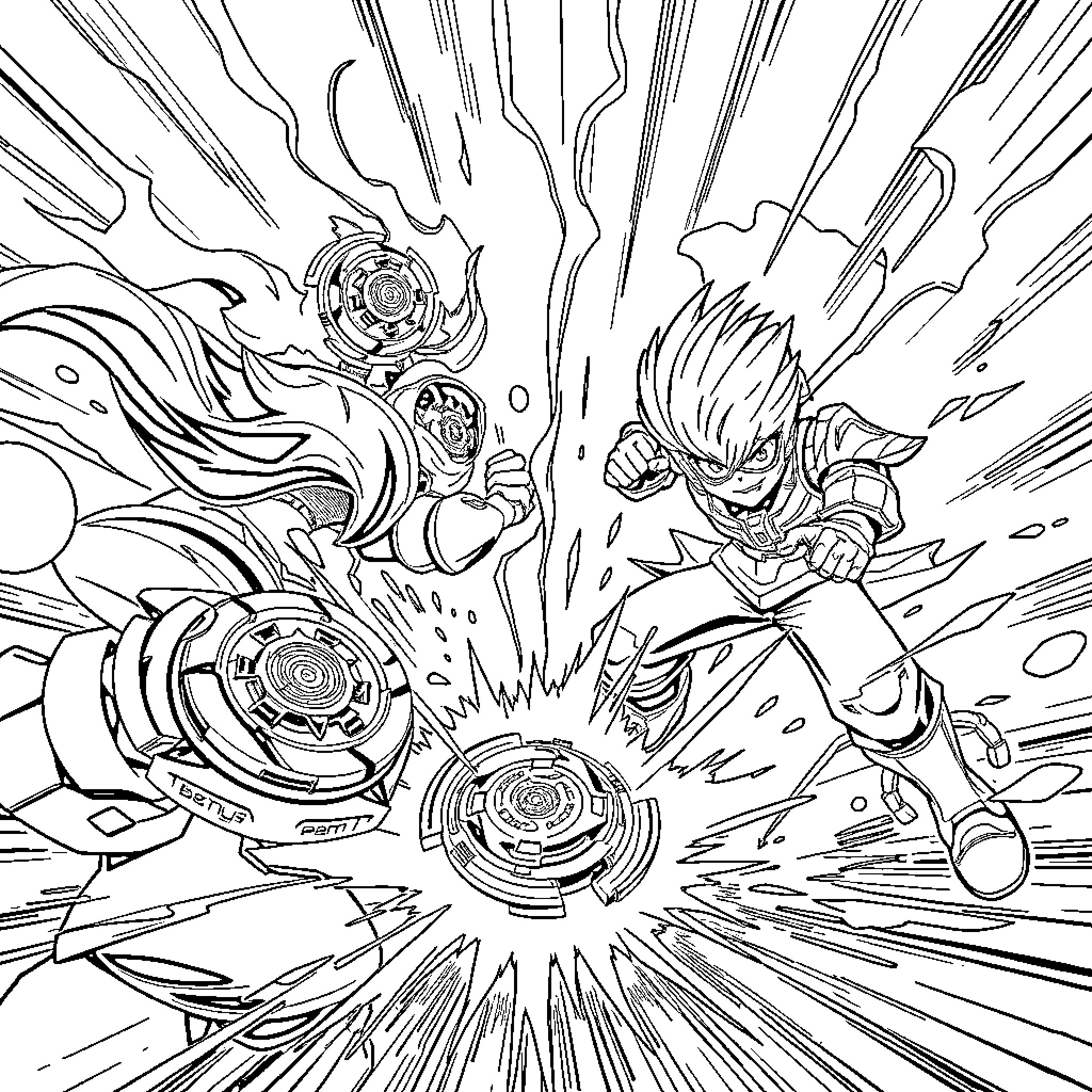 Beyblade battle of fierce spinning tops Coloring Page (free black-and-white line drawing printable PDF for all, from beginners to advanced learners, including children, teens, adults, and seniors)