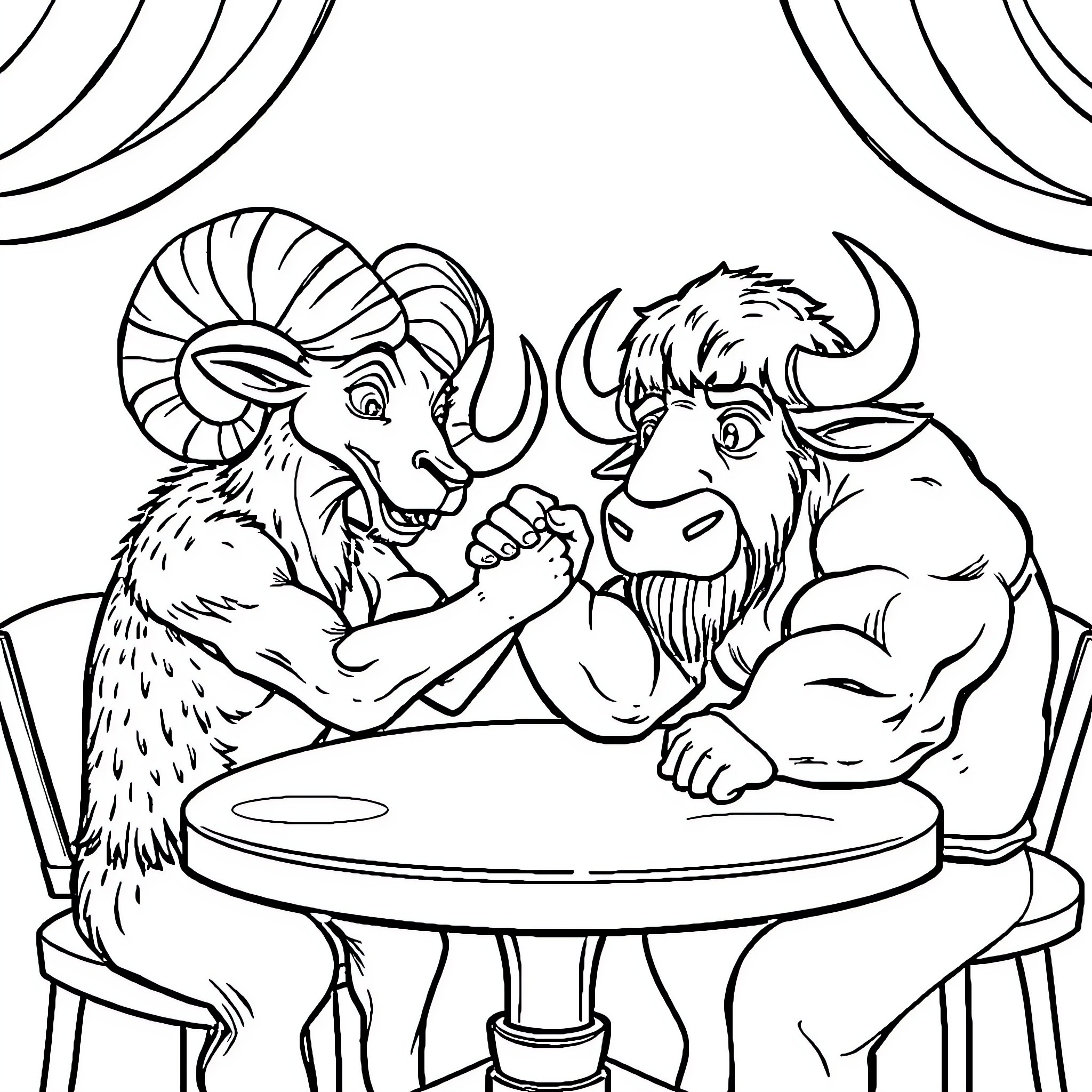Ram and Bull Arm Wrestling Competition Coloring Page (free black-and-white line drawing printable PDF for all, from beginners to advanced learners, including children, teens, adults, and seniors)