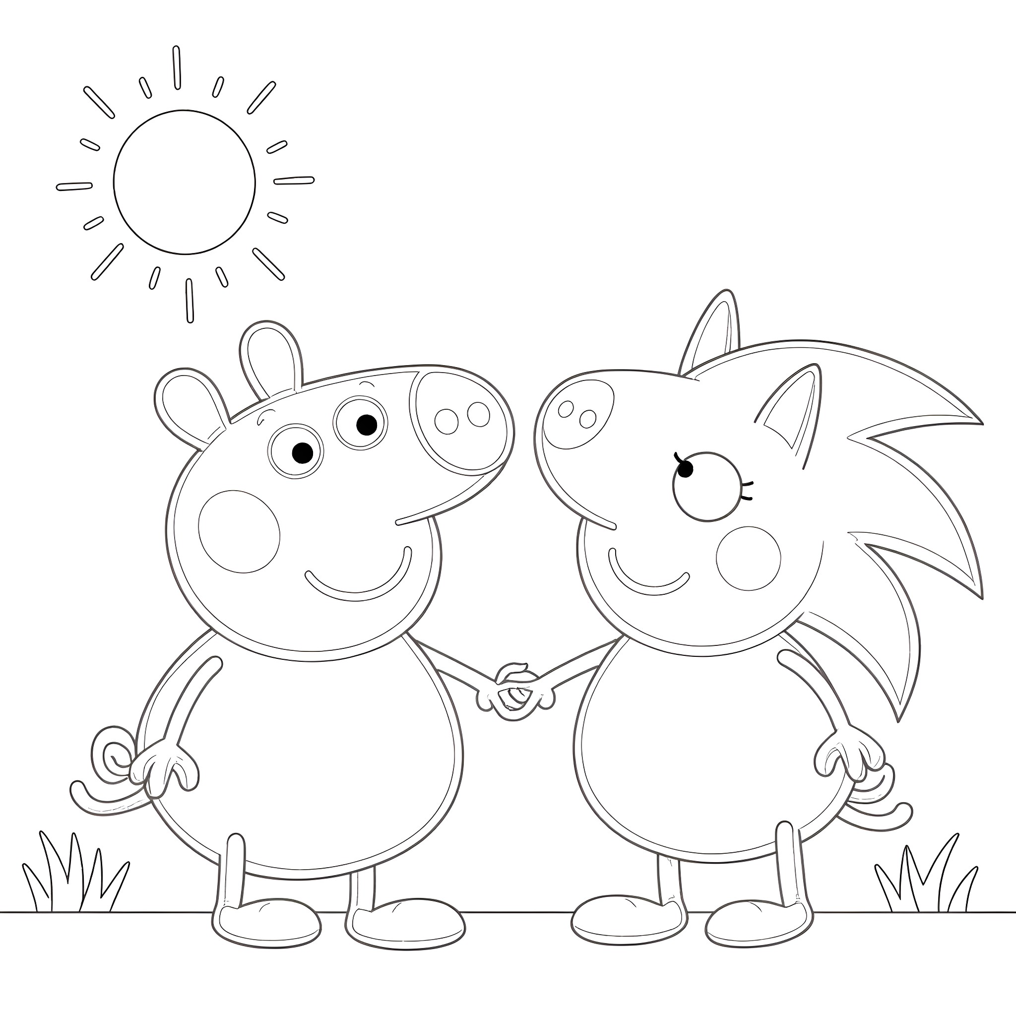 Peppa Pig and George Pig playing together Coloring Page (free black-and-white line drawing printable PDF for all, from beginners to advanced learners, including children, teens, adults, and seniors)