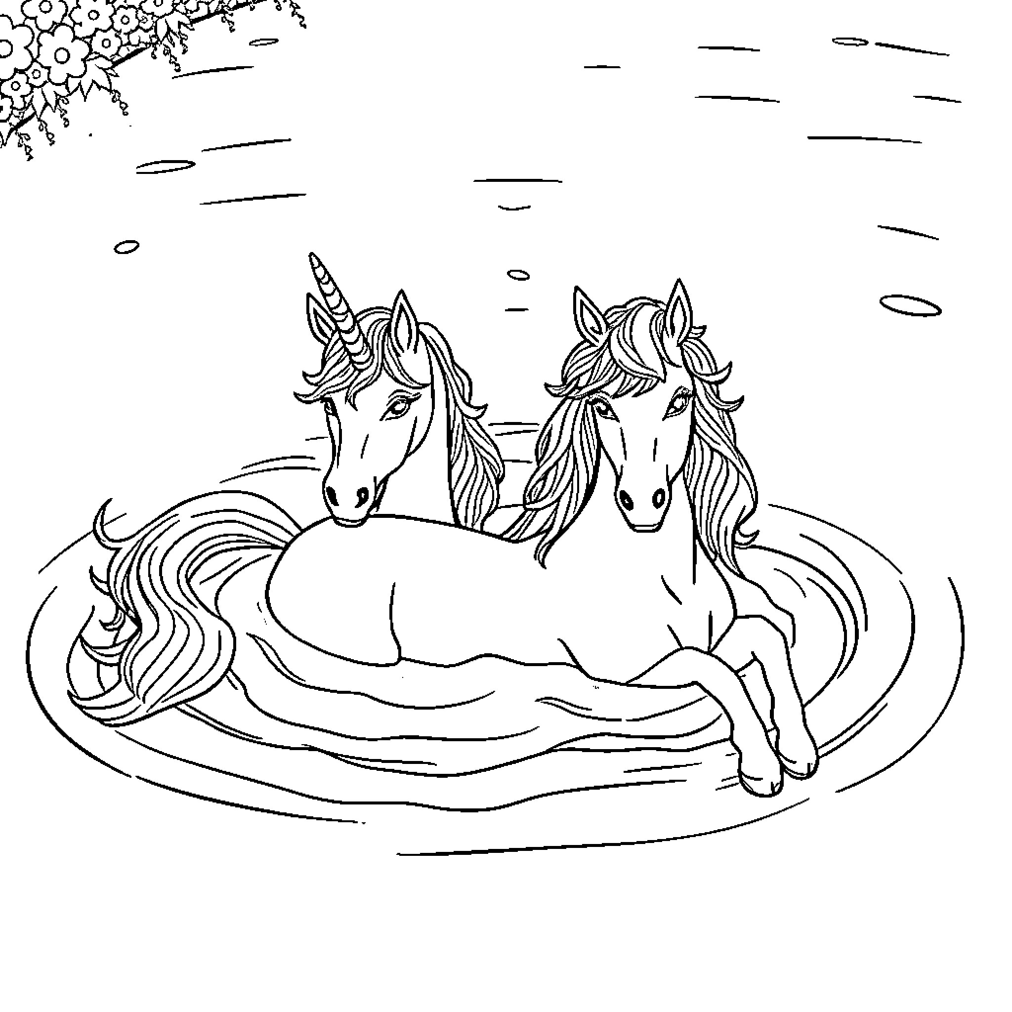 Unicorn siblings relaxing in a tranquil pond Coloring Page (free black-and-white line drawing printable PDF for all, from beginners to advanced learners, including children, teens, adults, and seniors)