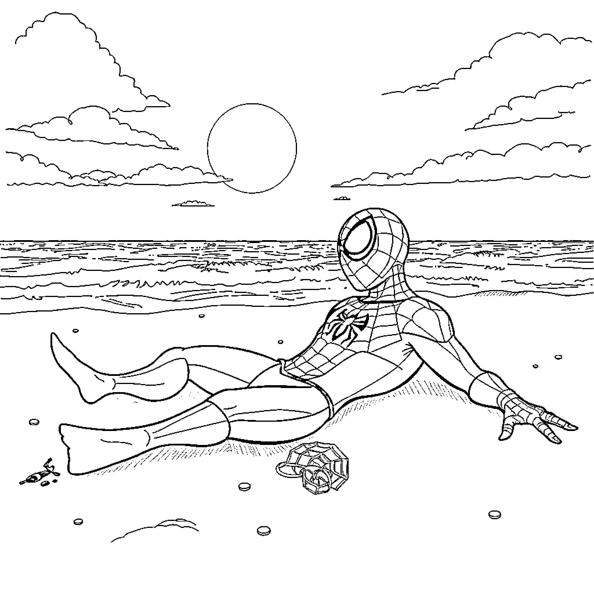 Spiderman relaxing on the beach at sunset Coloring Page (free black-and-white line drawing printable PDF for all, from beginners to advanced learners, including children, teens, adults, and seniors)