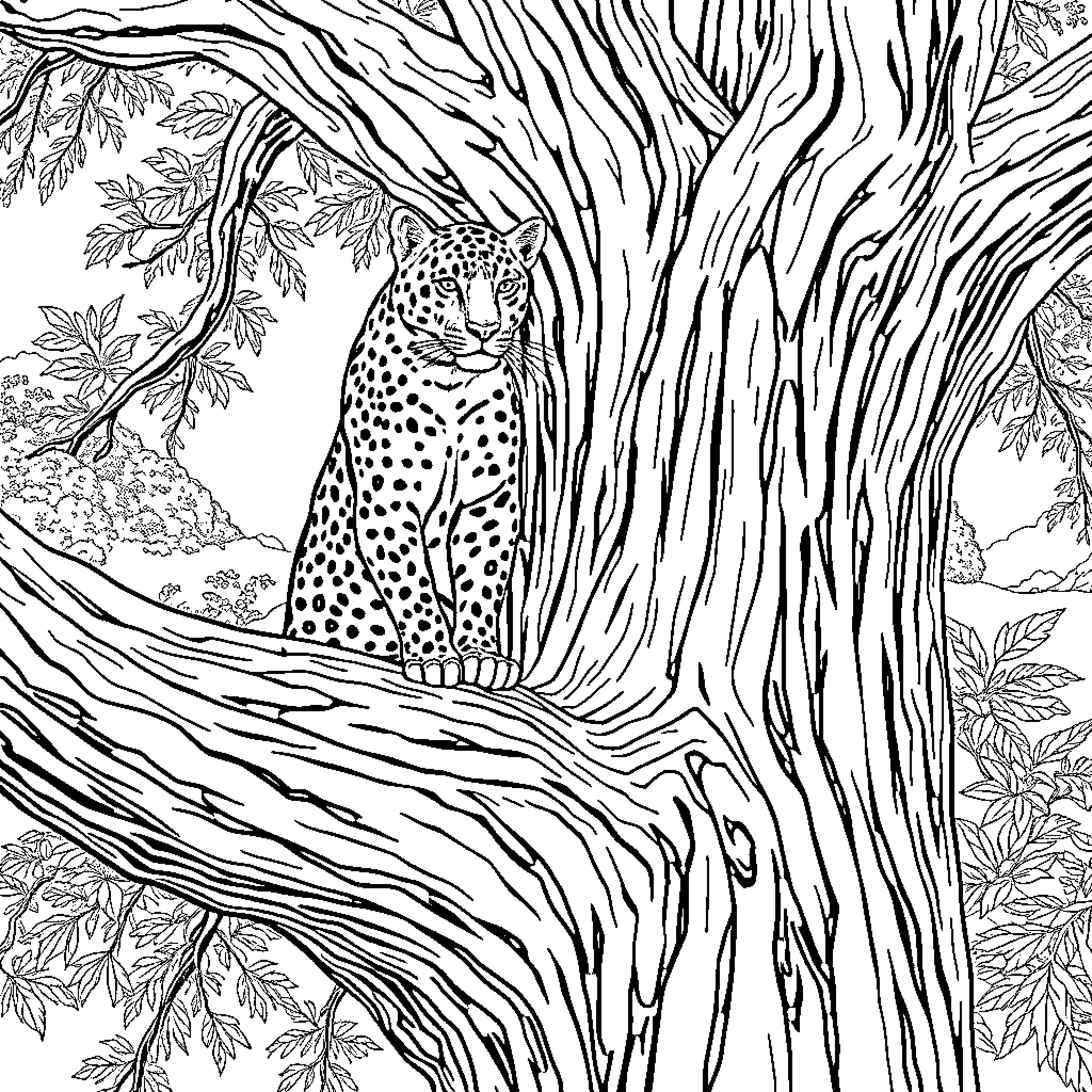 Jaguar vigilantly surveying the forest Coloring Page (free black-and-white line drawing printable PDF for all, from beginners to advanced learners, including children, teens, adults, and seniors)
