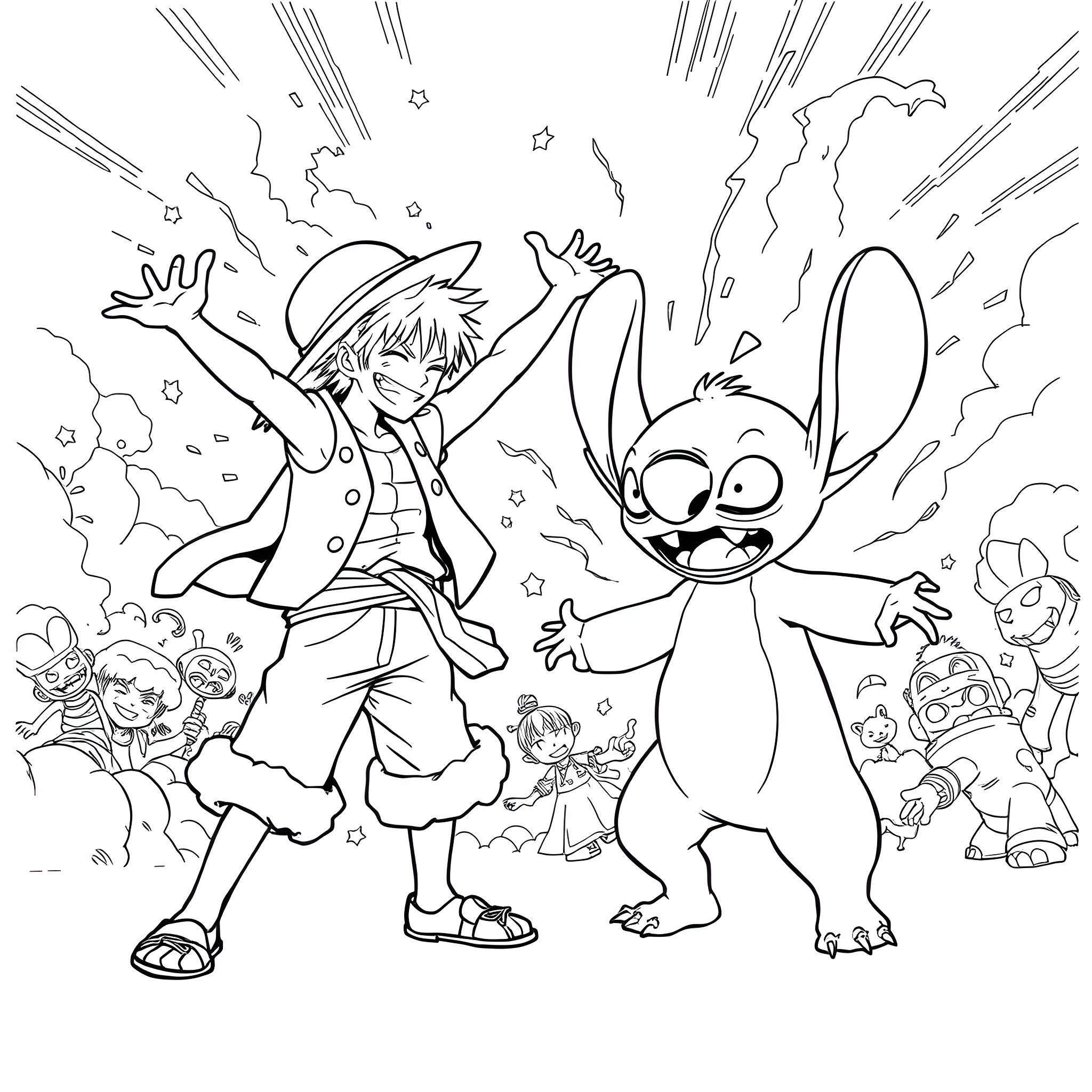 Luffy and Stitch's Animated Adventure Coloring Page (free black-and-white line drawing printable PDF for all, from beginners to advanced learners, including children, teens, adults, and seniors)