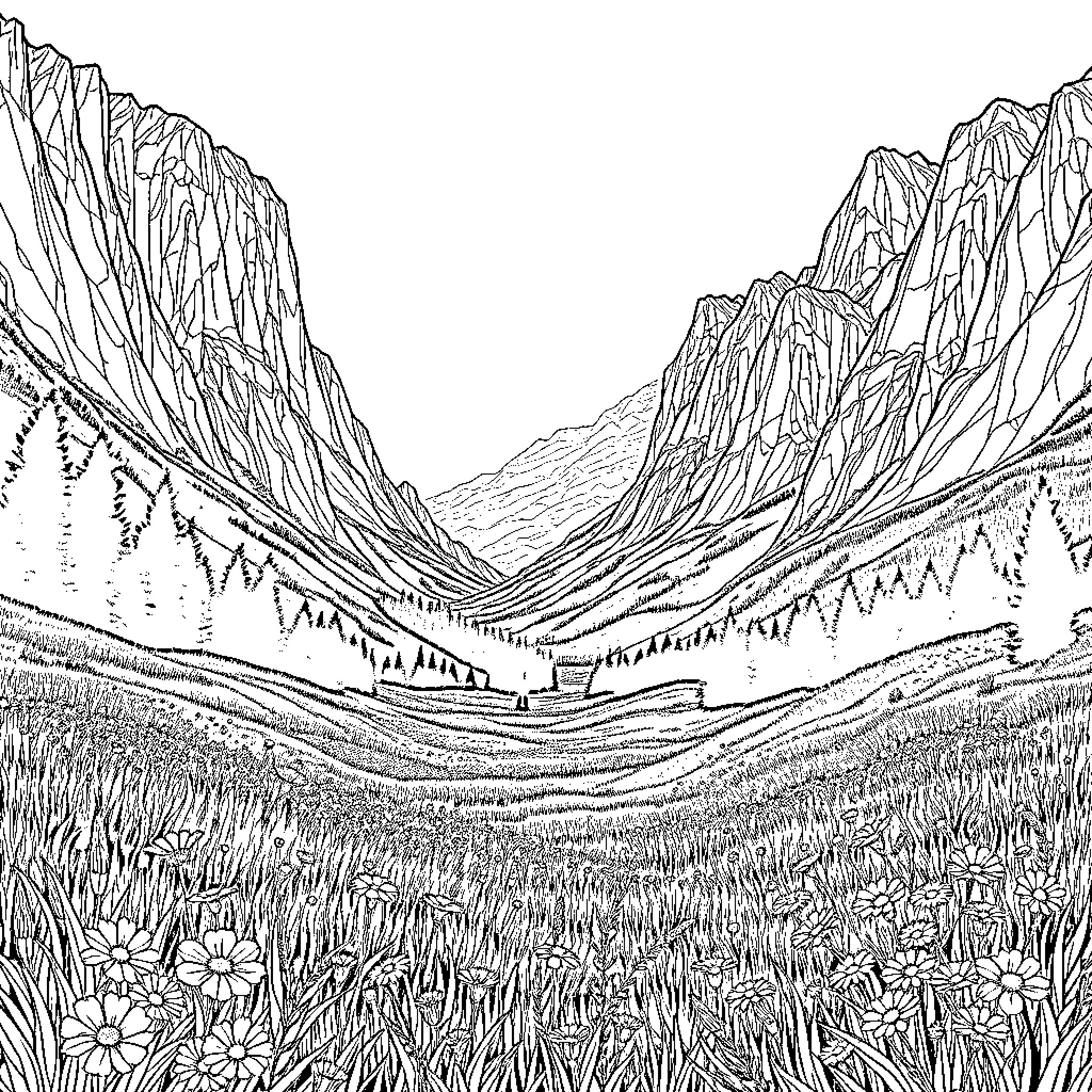 Valley of Majestic Mountain Peaks and Lush Grassland Coloring Page (free black-and-white line drawing printable PDF for all, from beginners to advanced learners, including children, teens, adults, and seniors)