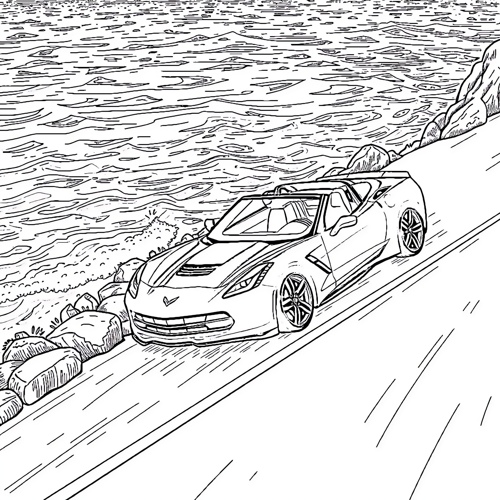 Corvette speeding along coastal road Coloring Page (free black-and-white line drawing printable PDF for all, from beginners to advanced learners, including children, teens, adults, and seniors)