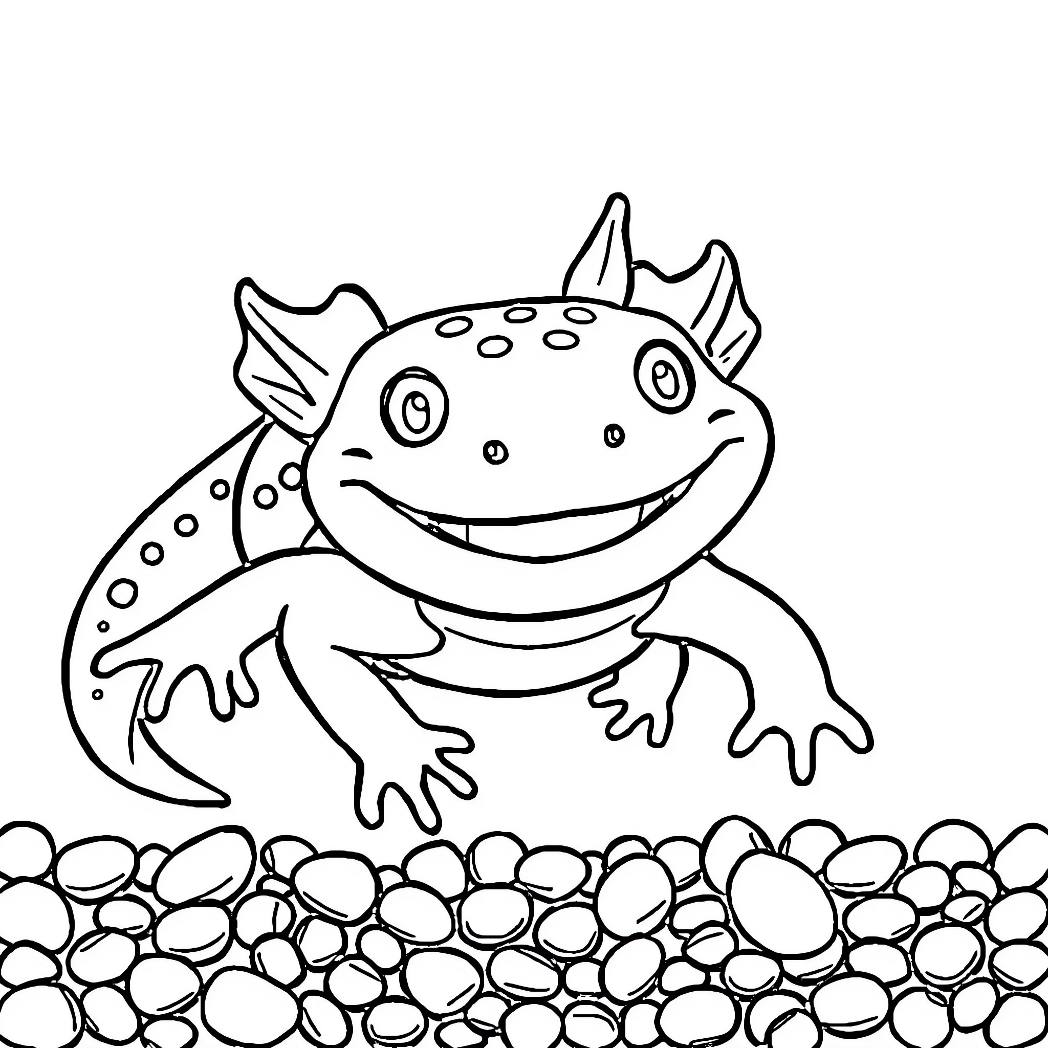 Axolotl exploring a pebble-filled landscape Coloring Page (free black-and-white line drawing printable PDF for all, from beginners to advanced learners, including children, teens, adults, and seniors)