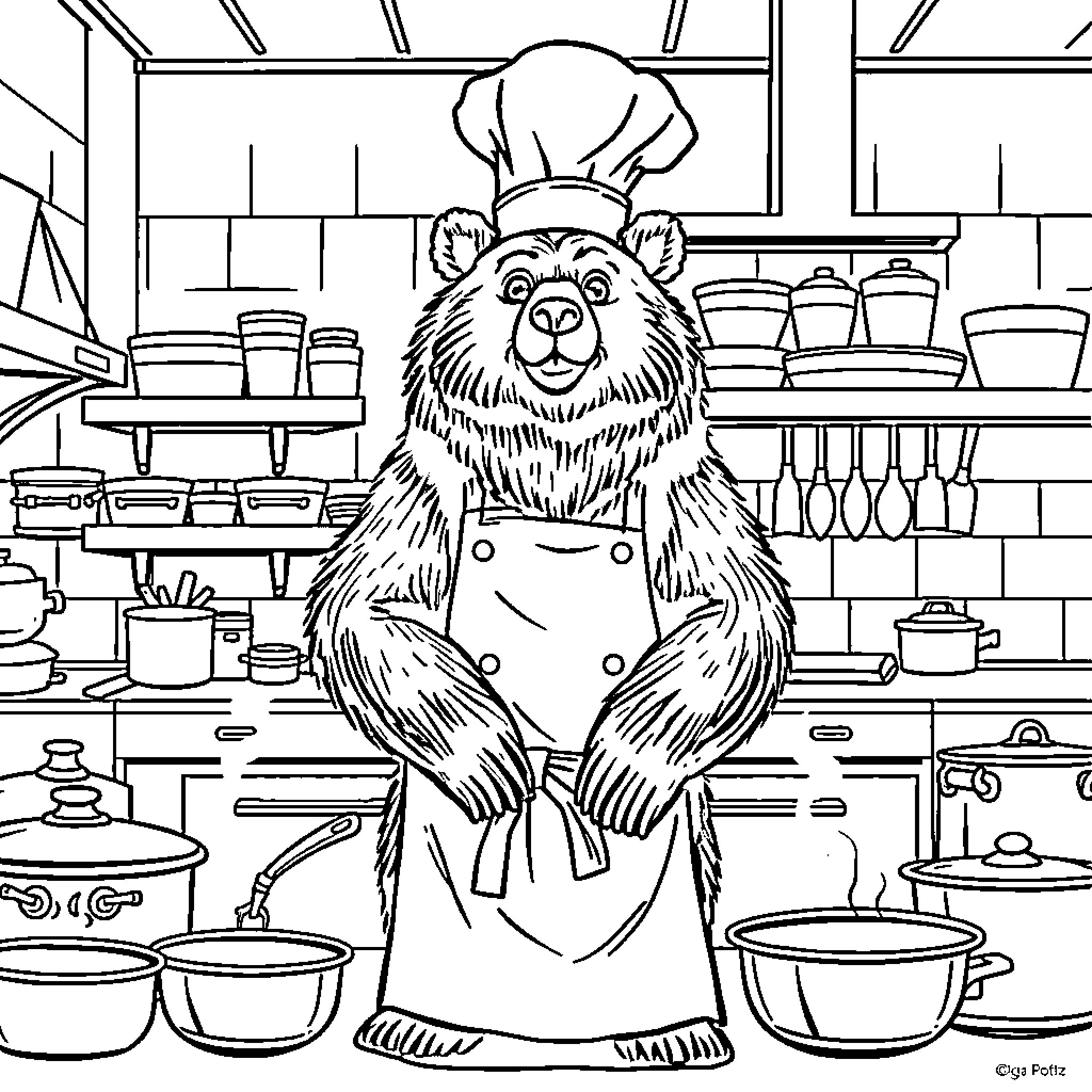 Grizzly Bear chef cooking in the kitchen Coloring Page (free black-and-white line drawing printable PDF for all, from beginners to advanced learners, including children, teens, adults, and seniors)