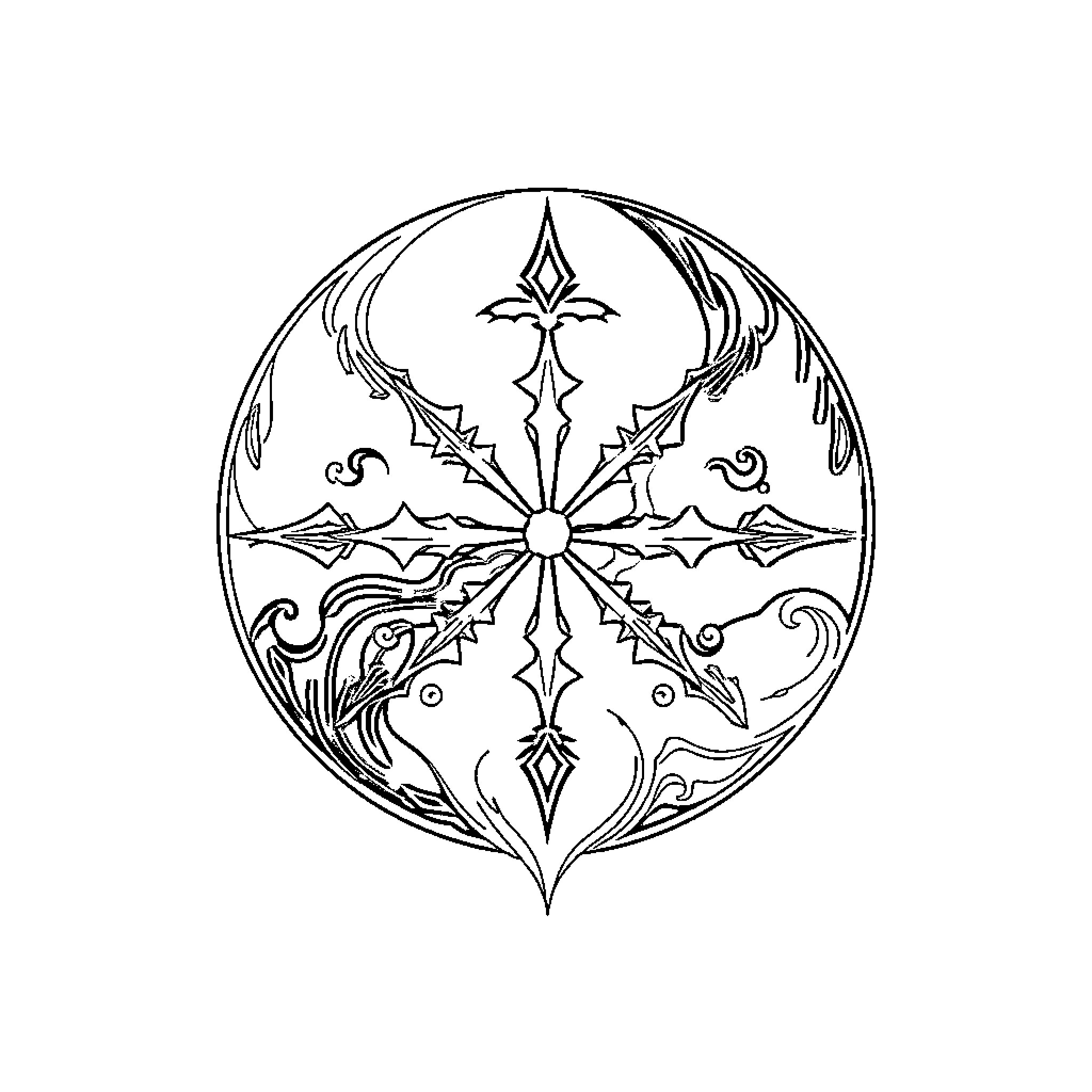 Yin Yang Symmetrical Mandala Design Coloring Page (free black-and-white line drawing printable PDF for all, from beginners to advanced learners, including children, teens, adults, and seniors)