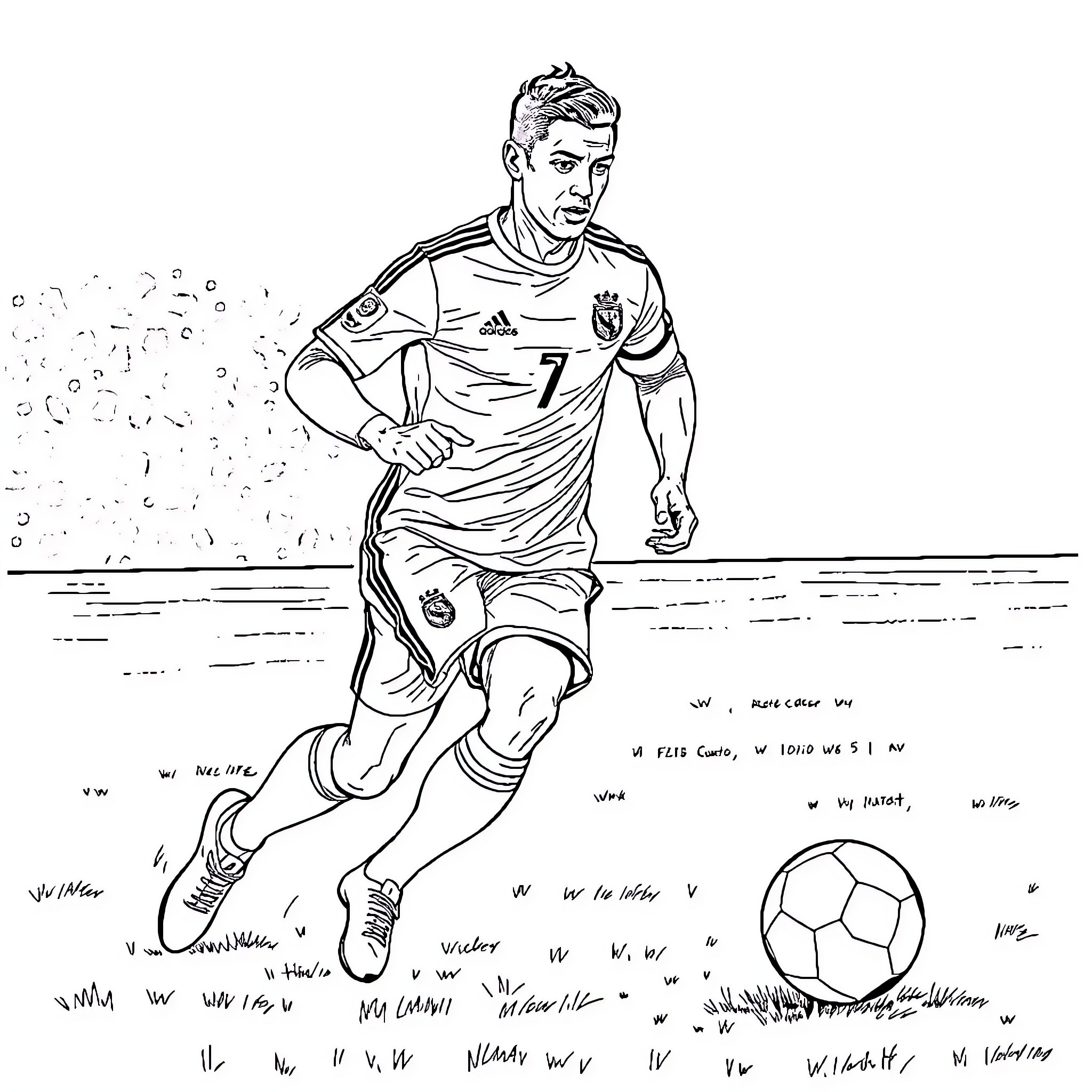 Ronaldo Running Dynamically on the Soccer Field Coloring Page (free black-and-white line drawing printable PDF for all, from beginners to advanced learners, including children, teens, adults, and seniors)