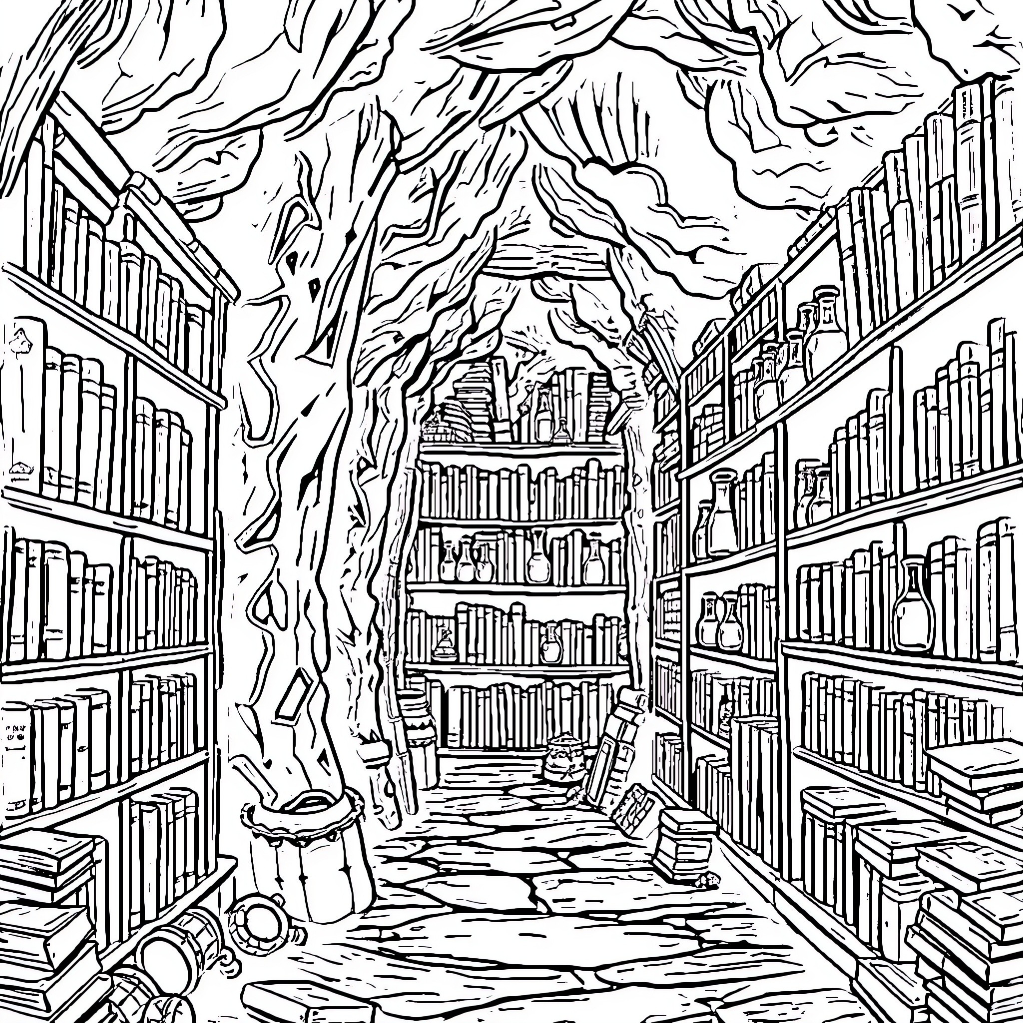Cave of Knowledge: Bookshelf Exploration Coloring Page (free black-and-white line drawing printable PDF for all, from beginners to advanced learners, including children, teens, adults, and seniors)