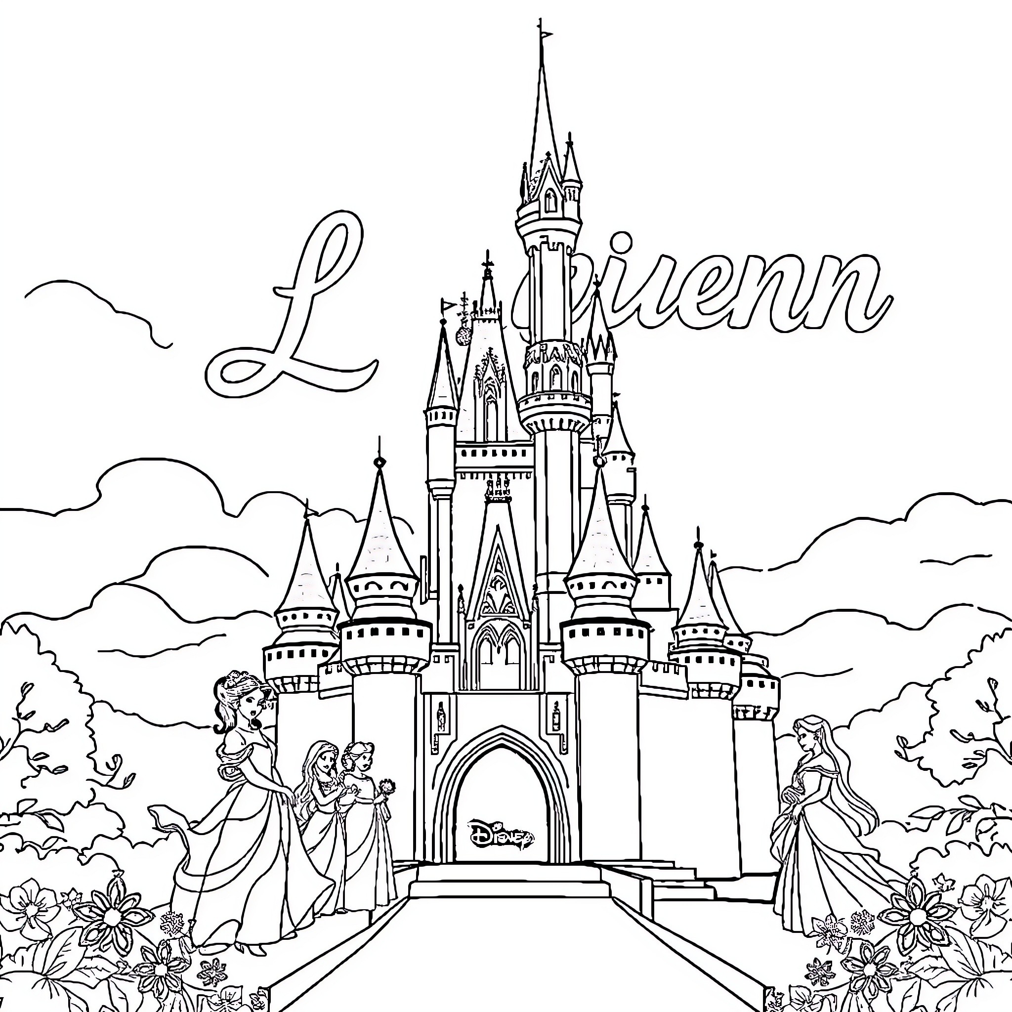 Disney Princess castle with characters in scenic landscape Coloring Page (free black-and-white line drawing printable PDF for all, from beginners to advanced learners, including children, teens, adults, and seniors)