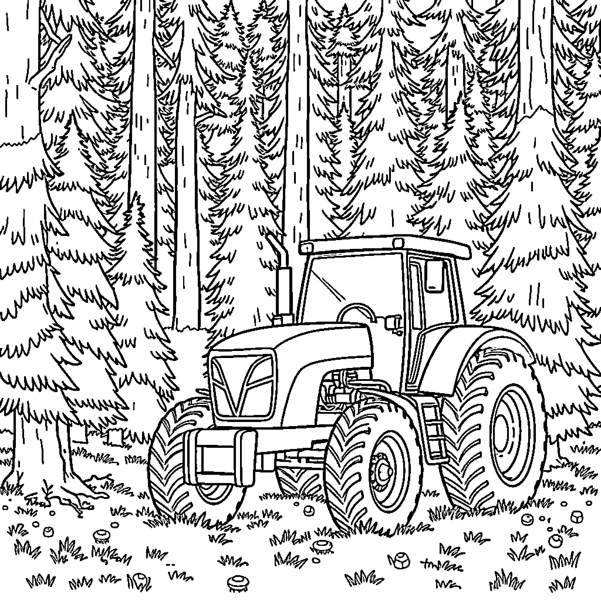 Tractor working in the forested landscape Coloring Page (free black-and-white line drawing printable PDF for all, from beginners to advanced learners, including children, teens, adults, and seniors)