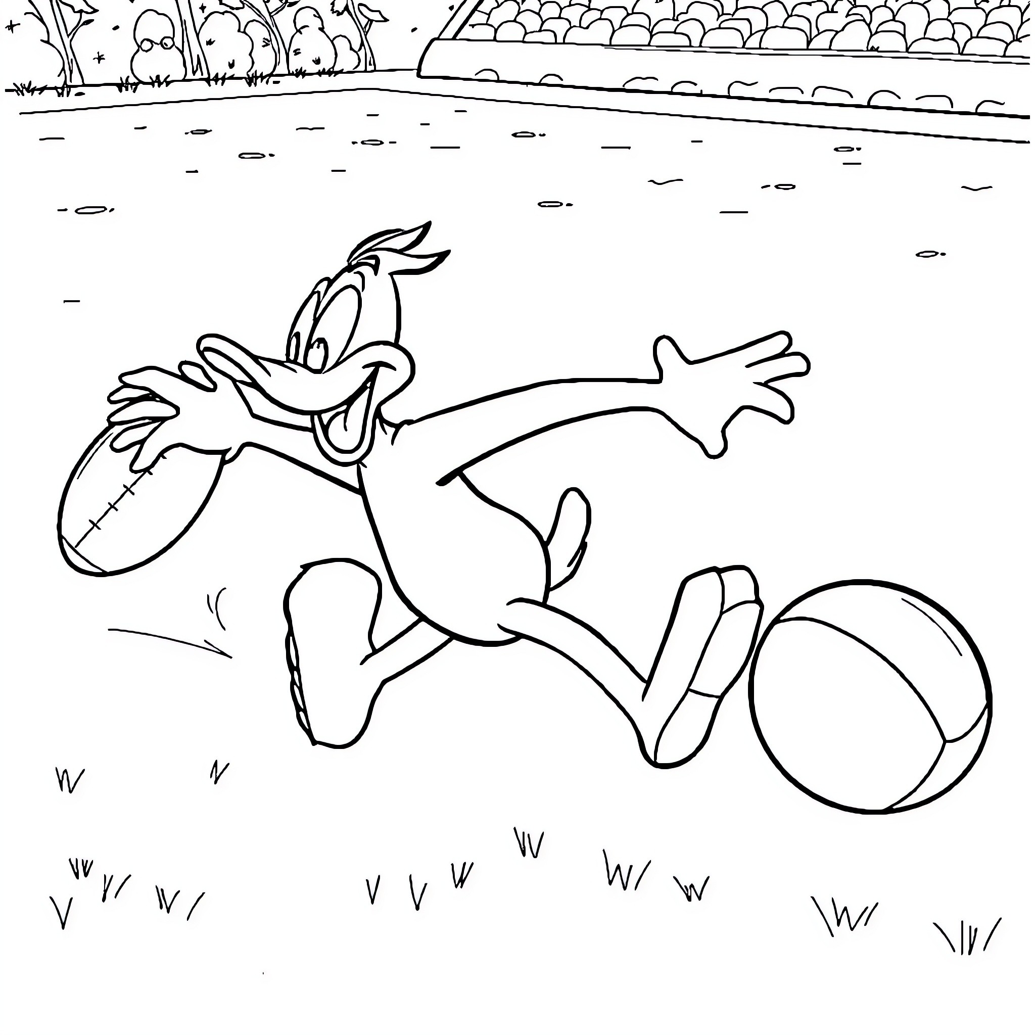 Daffy Duck running and chasing a ball Coloring Page (free black-and-white line drawing printable PDF for all, from beginners to advanced learners, including children, teens, adults, and seniors)