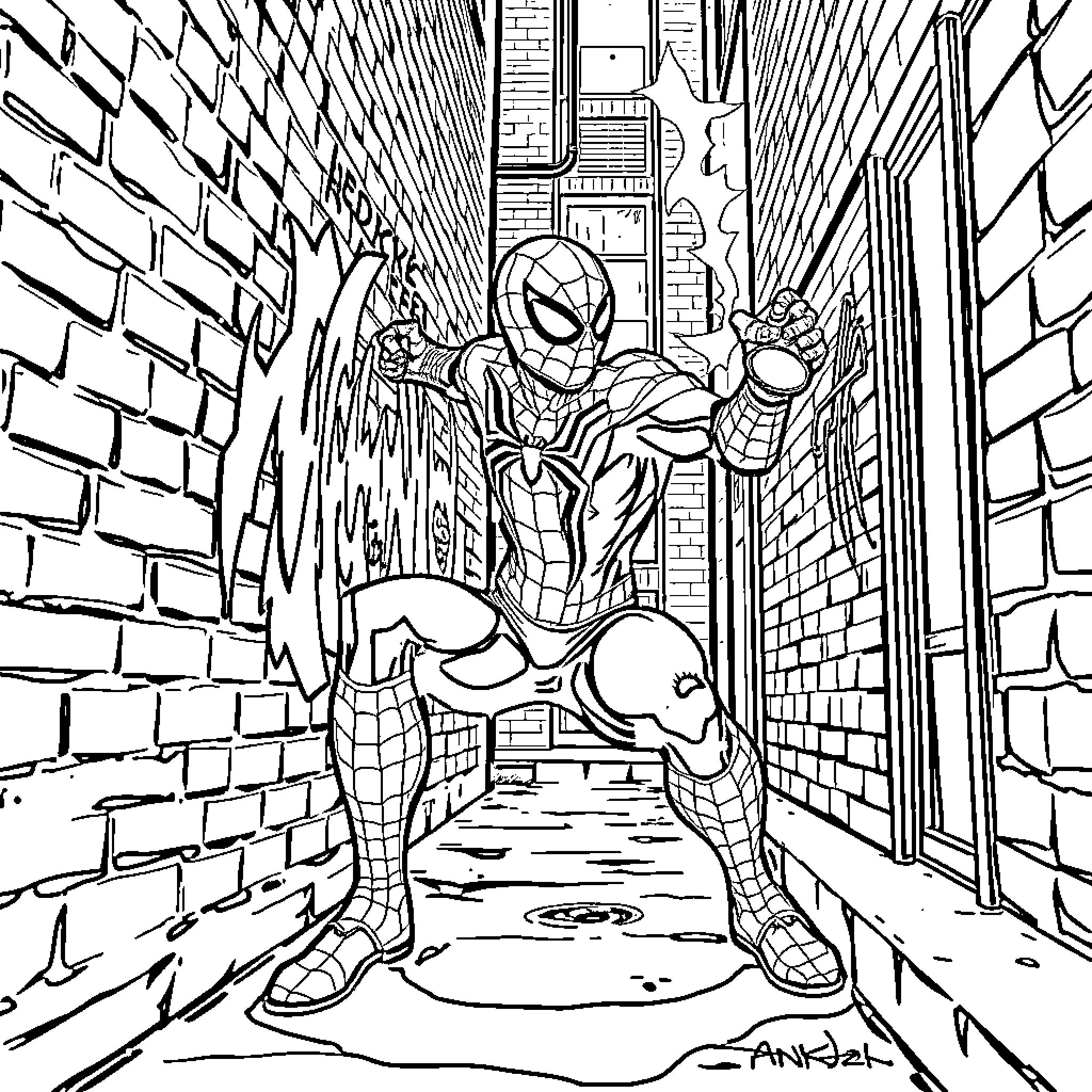 Spiderman swinging through the alley Coloring Page (free black-and-white line drawing printable PDF for all, from beginners to advanced learners, including children, teens, adults, and seniors)