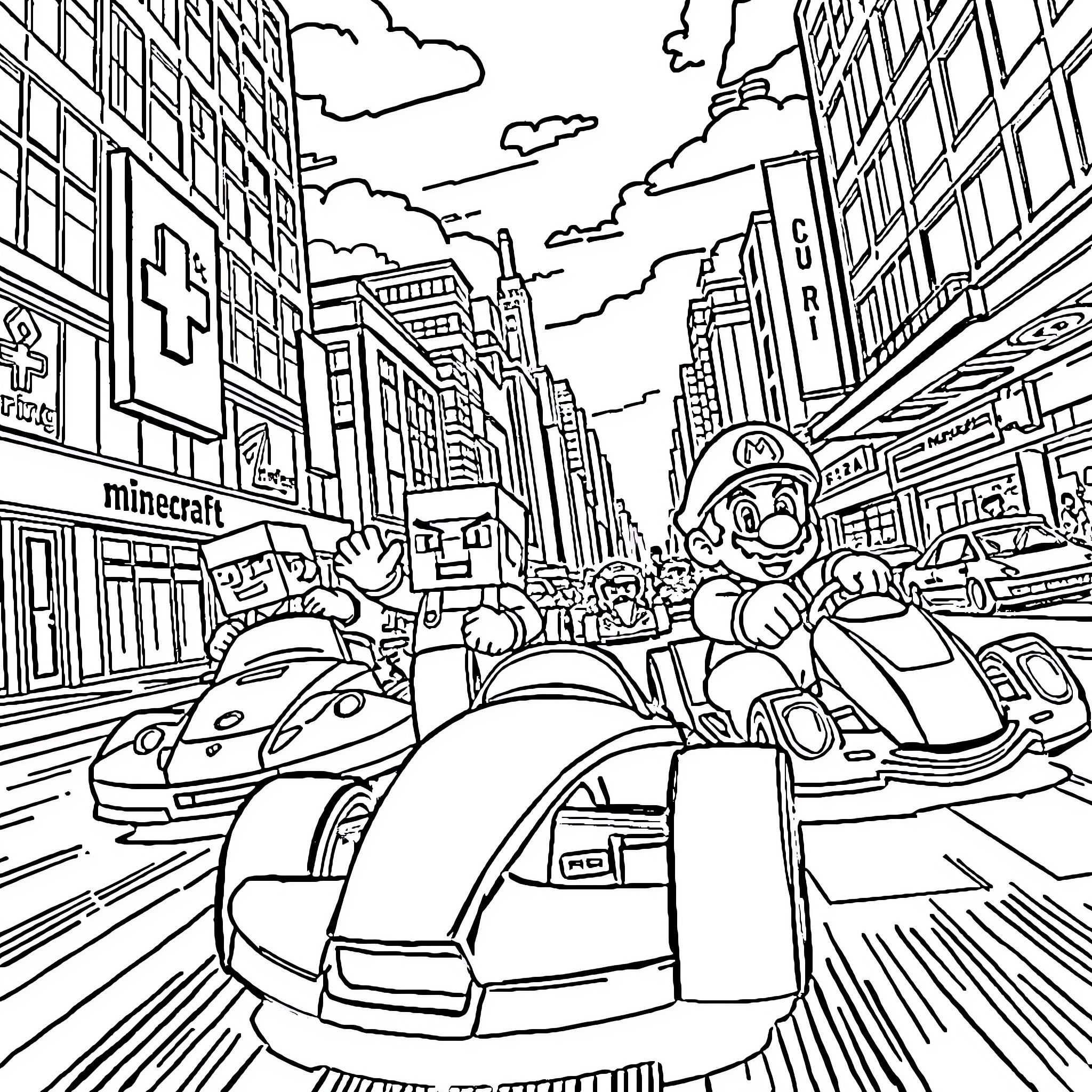 Race Car Characters Navigating City Streets Coloring Page (free black-and-white line drawing printable PDF for all, from beginners to advanced learners, including children, teens, adults, and seniors)