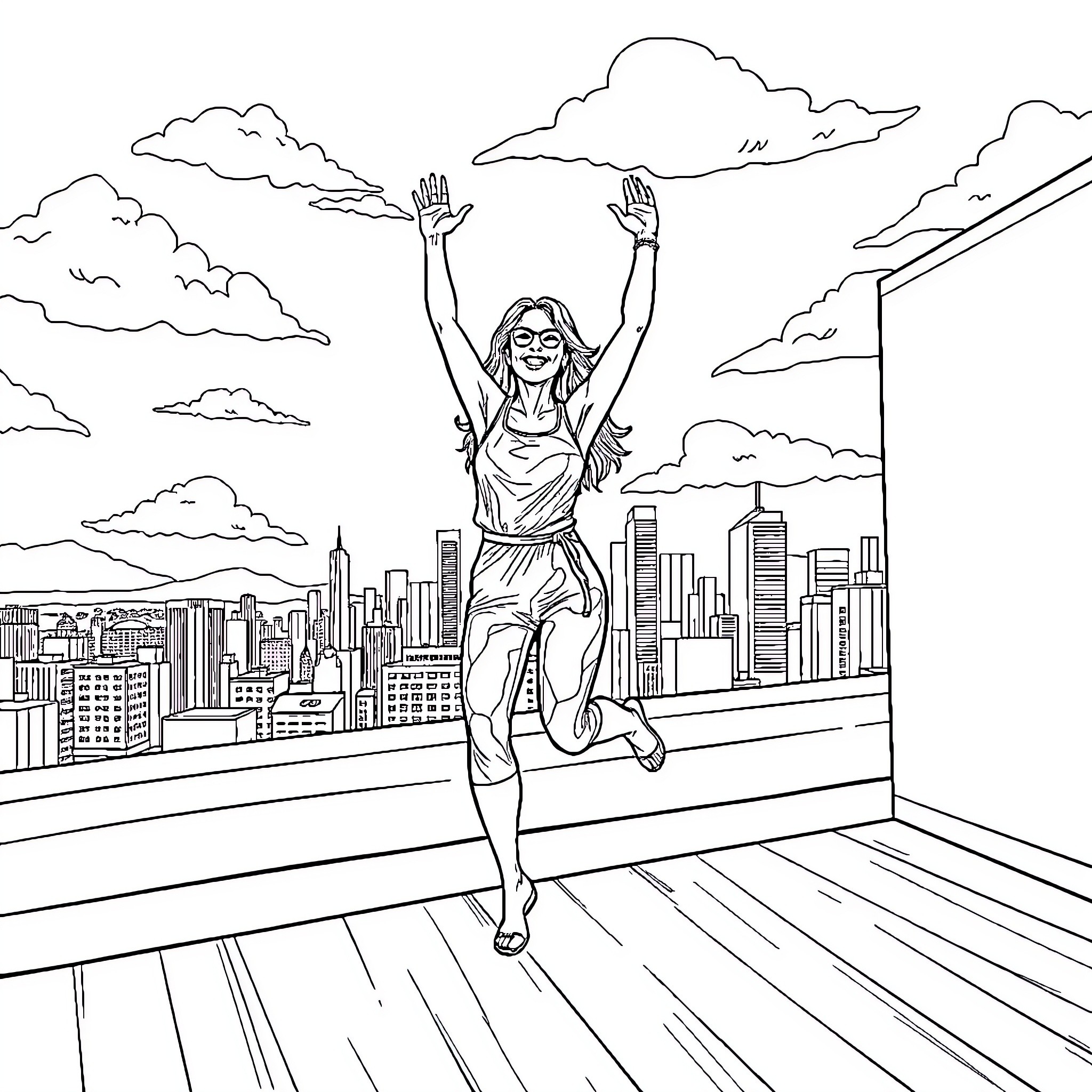 Sofia Vergara Celebrating with Joyful Pose on City Rooftop Coloring Page (free black-and-white line drawing printable PDF for all, from beginners to advanced learners, including children, teens, adults, and seniors)