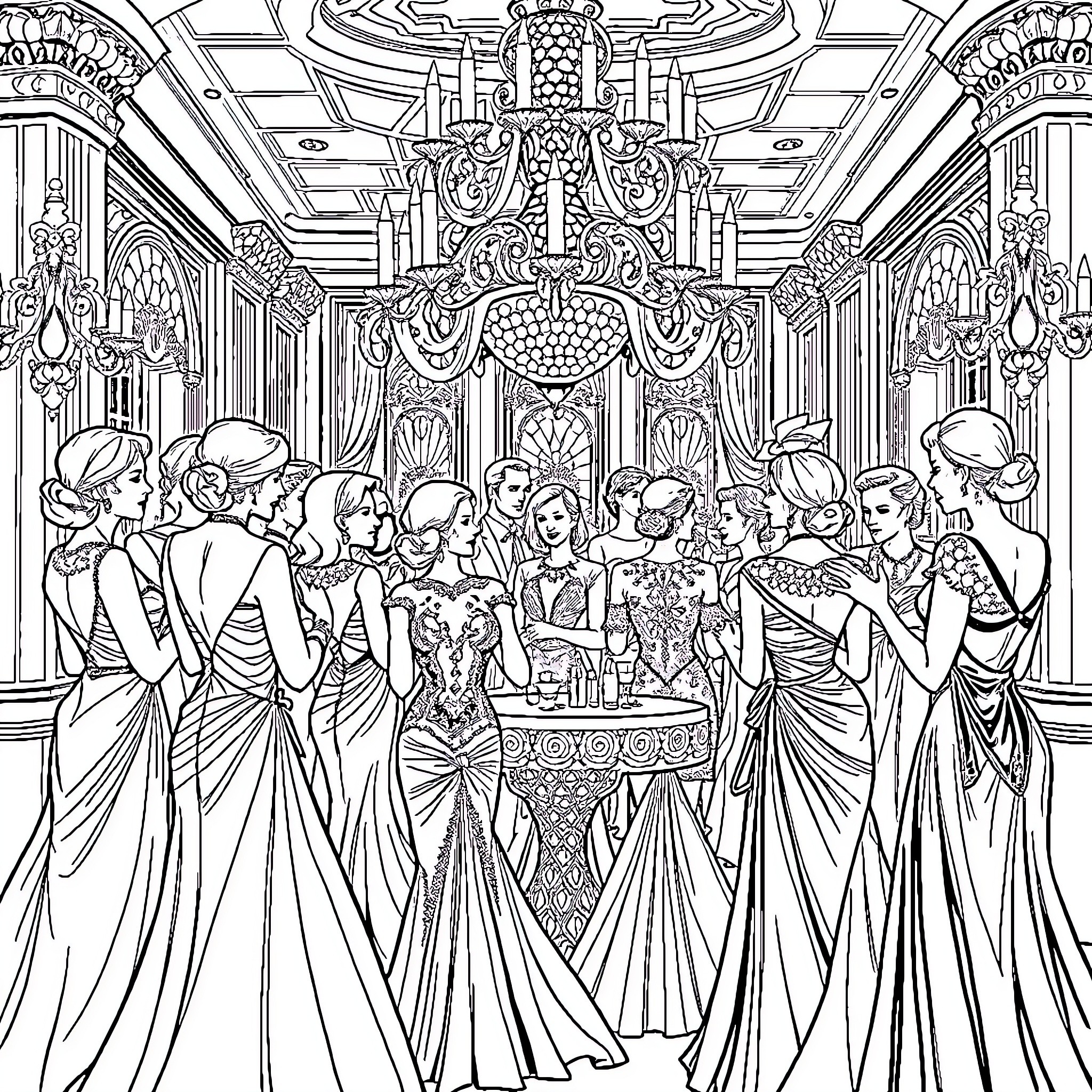 Woman hosting formal event in ornate ballroom Coloring Page (free black-and-white line drawing printable PDF for all, from beginners to advanced learners, including children, teens, adults, and seniors)