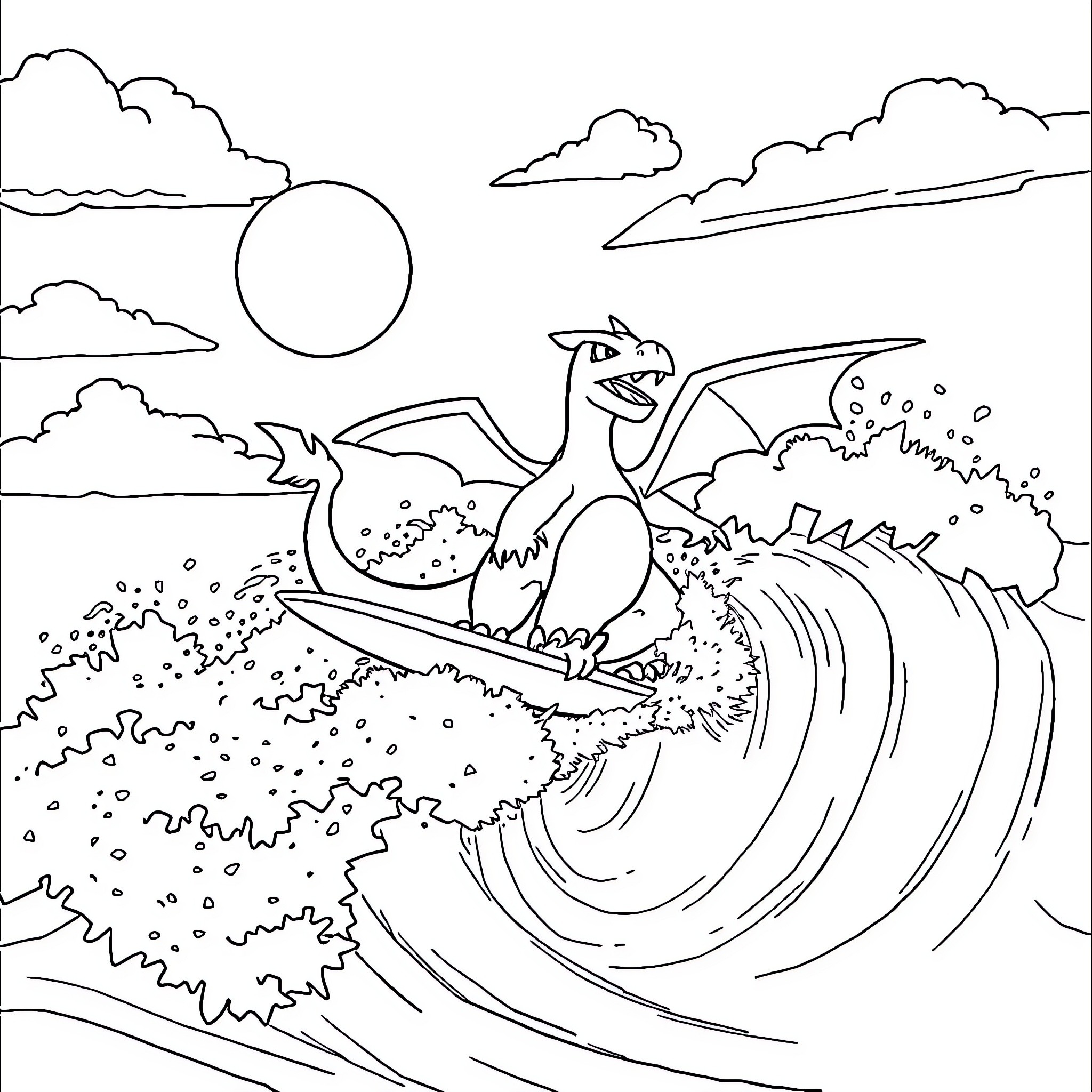 Charizard surfing on a giant wave Coloring Page (free black-and-white line drawing printable PDF for all, from beginners to advanced learners, including children, teens, adults, and seniors)