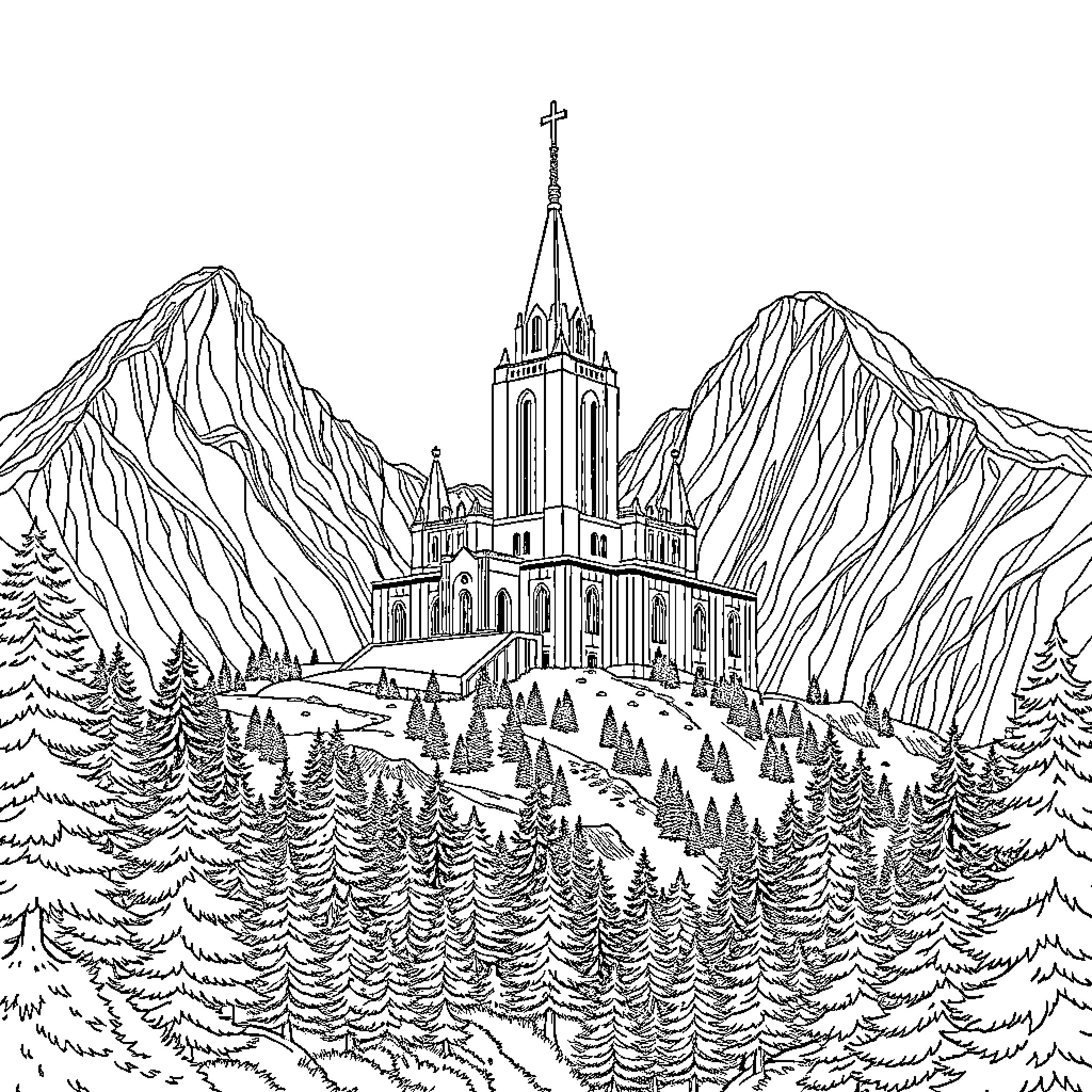 Temple amid Majestic Mountains and Forests Coloring Page (free black-and-white line drawing printable PDF for all, from beginners to advanced learners, including children, teens, adults, and seniors)