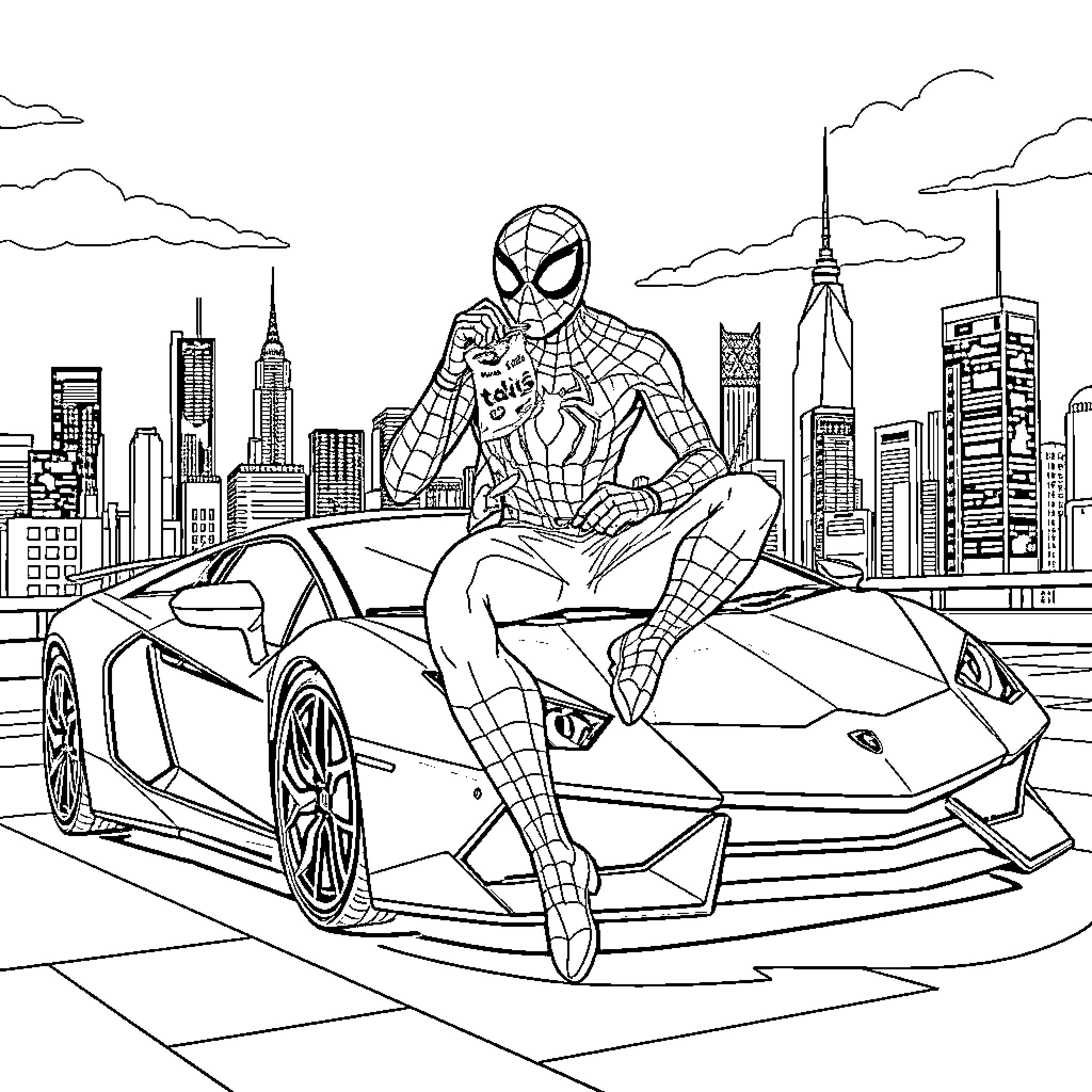 Spider-Man on a Superhero Adventure in the City Coloring Page (free black-and-white line drawing printable PDF for all, from beginners to advanced learners, including children, teens, adults, and seniors)