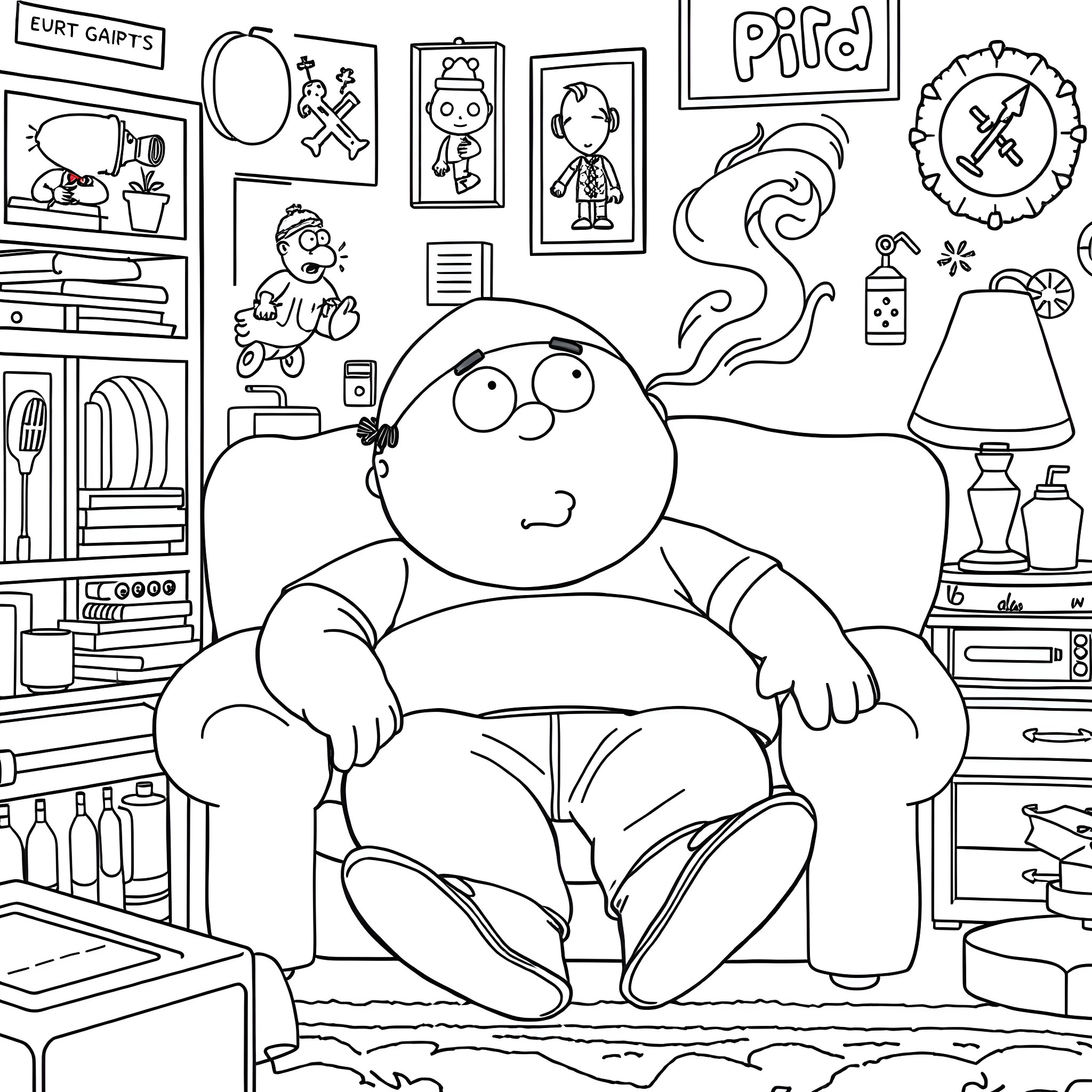 Eric Cartman relaxing in his messy room Coloring Page (free black-and-white line drawing printable PDF for all, from beginners to advanced learners, including children, teens, adults, and seniors)