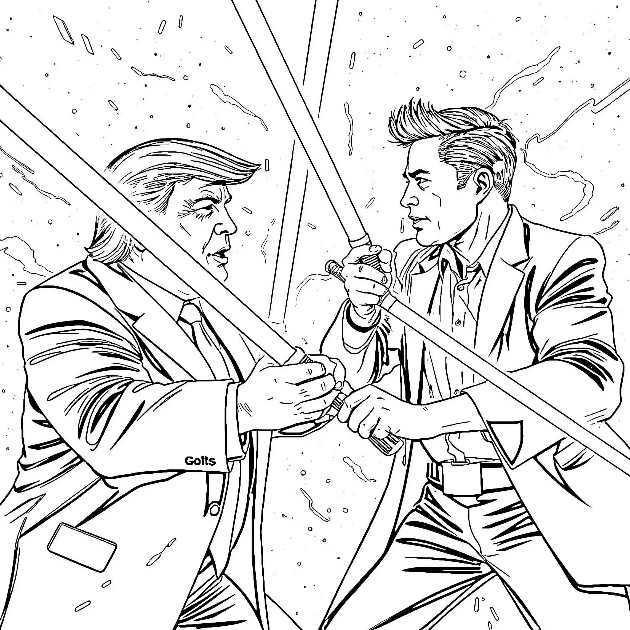 Donald Trump in an intense confrontation Coloring Page (free black-and-white line drawing printable PDF for all, from beginners to advanced learners, including children, teens, adults, and seniors)