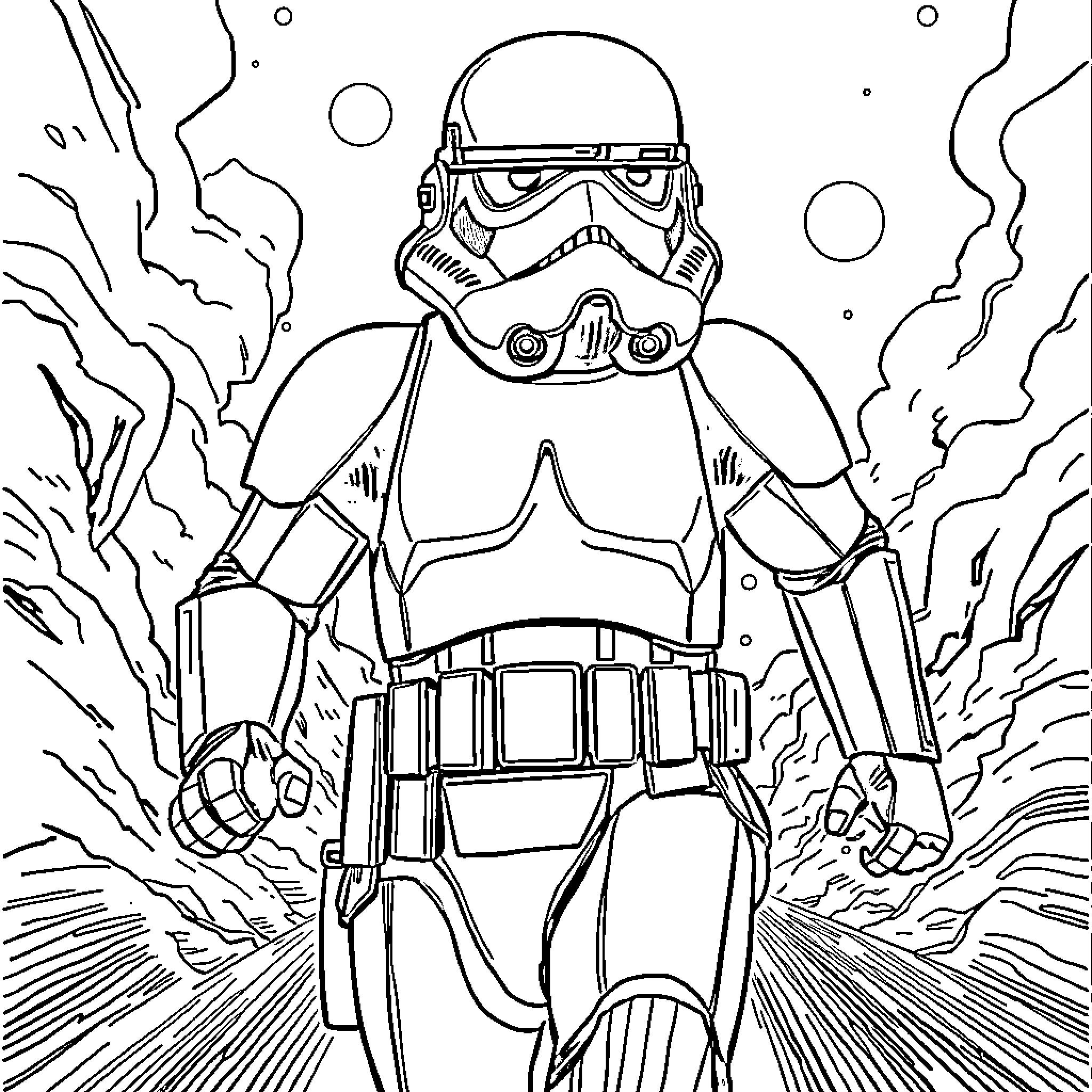 Stormtrooper in action amidst smoke and flames Coloring Page (free black-and-white line drawing printable PDF for all, from beginners to advanced learners, including children, teens, adults, and seniors)