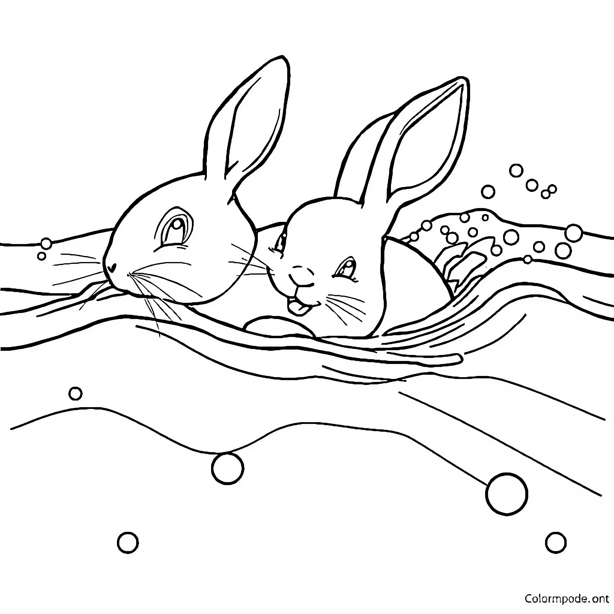 Rabbit siblings enjoying a bubbly swim Coloring Page (free black-and-white line drawing printable PDF for all, from beginners to advanced learners, including children, teens, adults, and seniors)